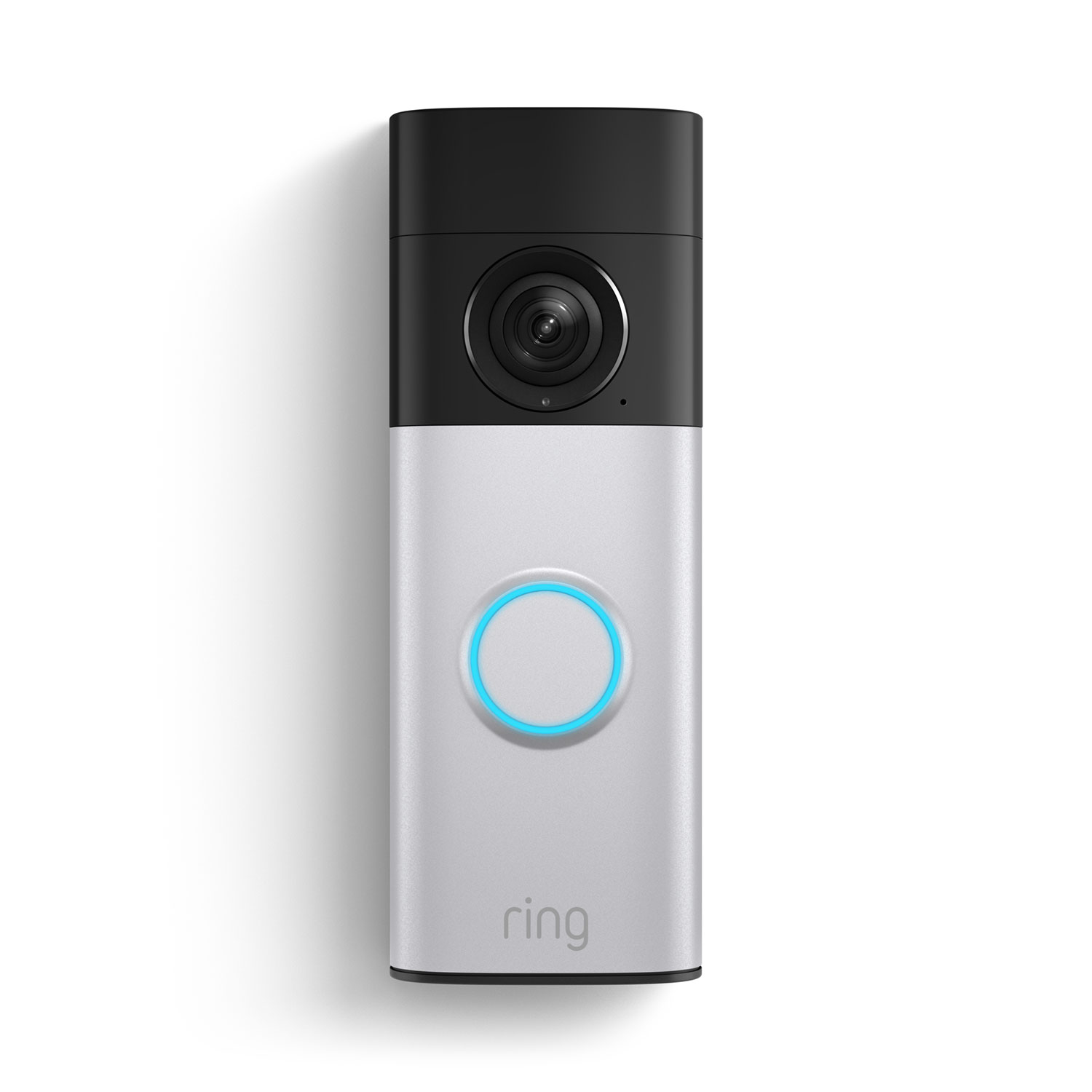 Ring Battery Doorbell 2K Plus doorbell camera in nickel silver with its blue-lit button and ring wordmark, on a white background