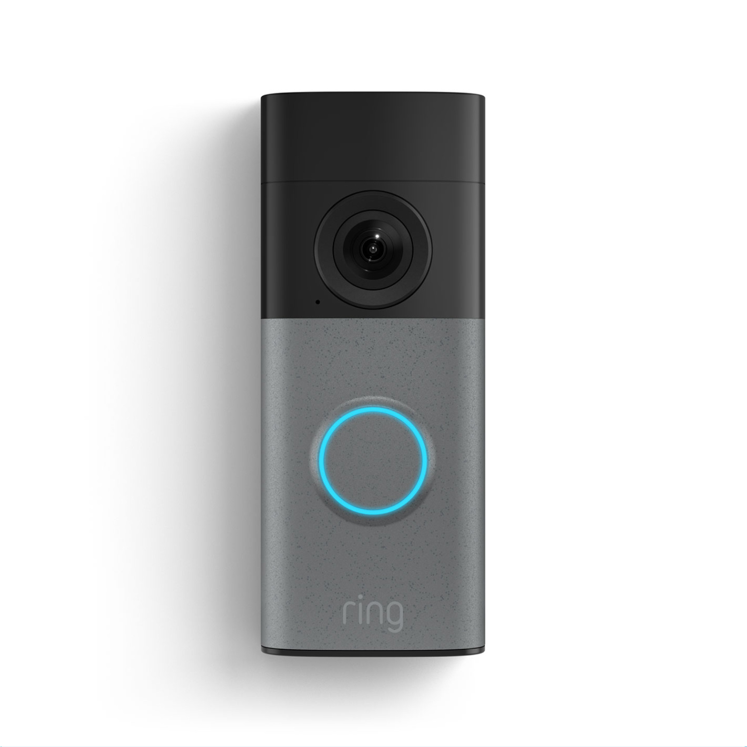 Ring Wired Doorbell 2K in Speckled Gray, shown whole and straight on against a plain background, camera lens above the doorbell button
