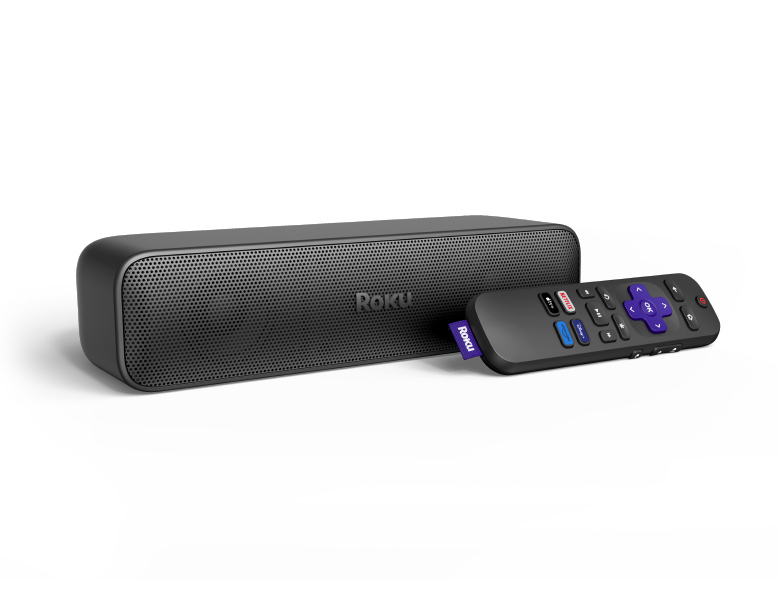 Black Roku Streambar SE soundbar with a Roku remote leaning against its right end