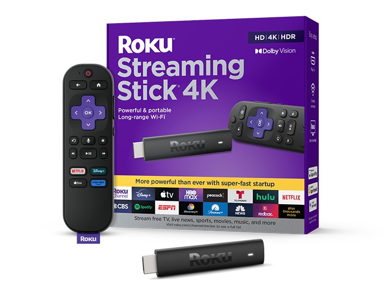 Black Roku Streaming Stick 4K next to its purple-accented voice remote and retail box