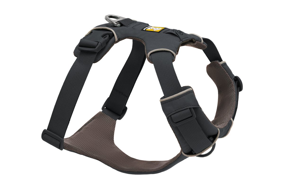 Ruffwear Front Range Harness in Basalt Gray, side view, showing the padded chest panel, side-release buckles and back V-ring