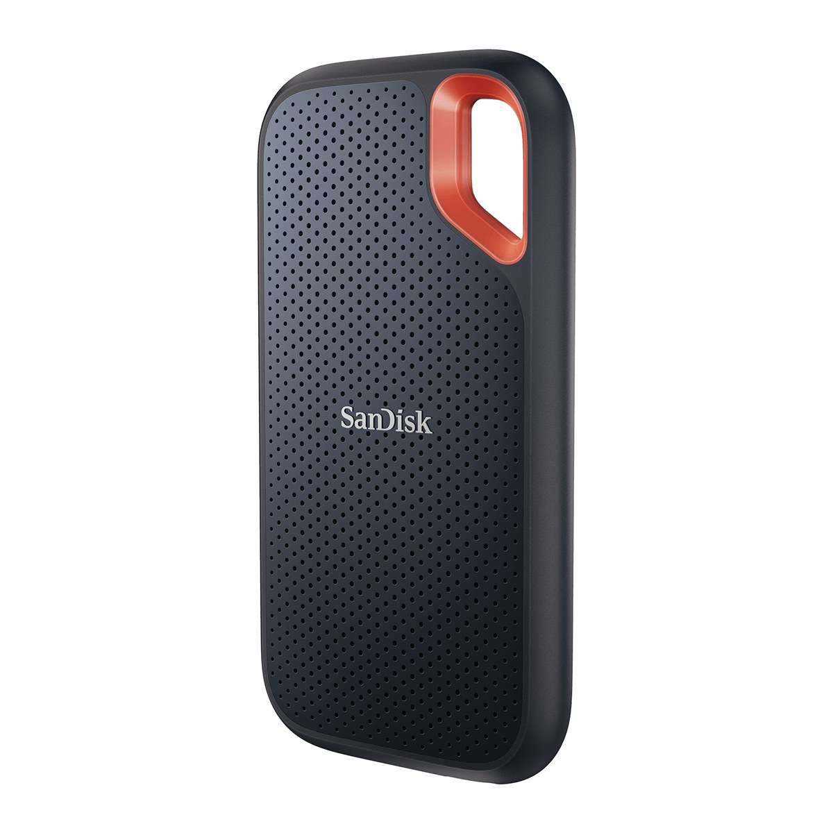 Dark gray SanDisk Extreme Portable SSD angled slightly from the left, perforated face with a SanDisk wordmark and an orange carabiner loop at the top right