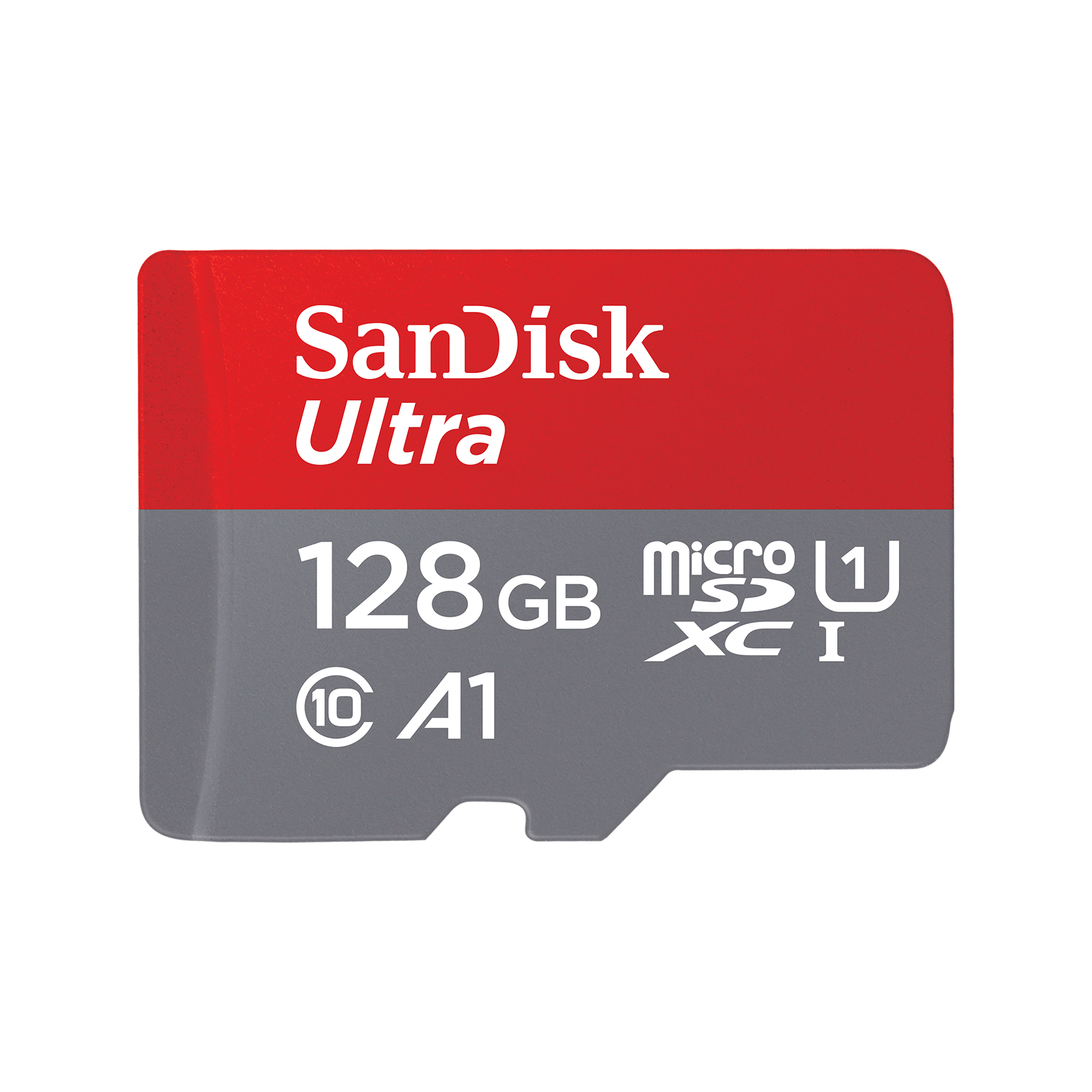 Red and gray SanDisk Ultra 128GB microSDXC card