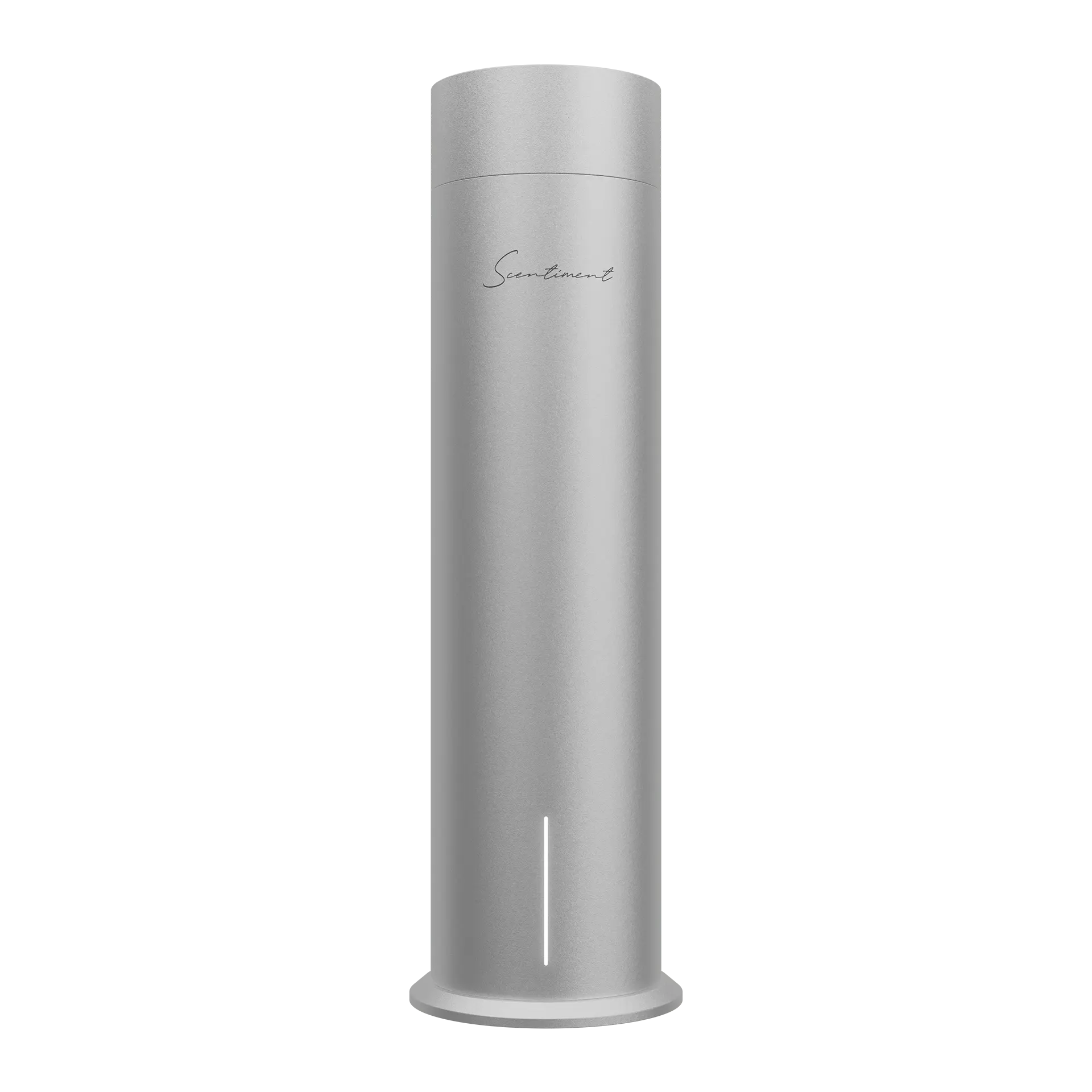 Scentiment Diffuser Air 2 LE in Silver — a tall brushed-metal cylinder with the Scentiment script logo on the upper body and a thin vertical white light strip near the base