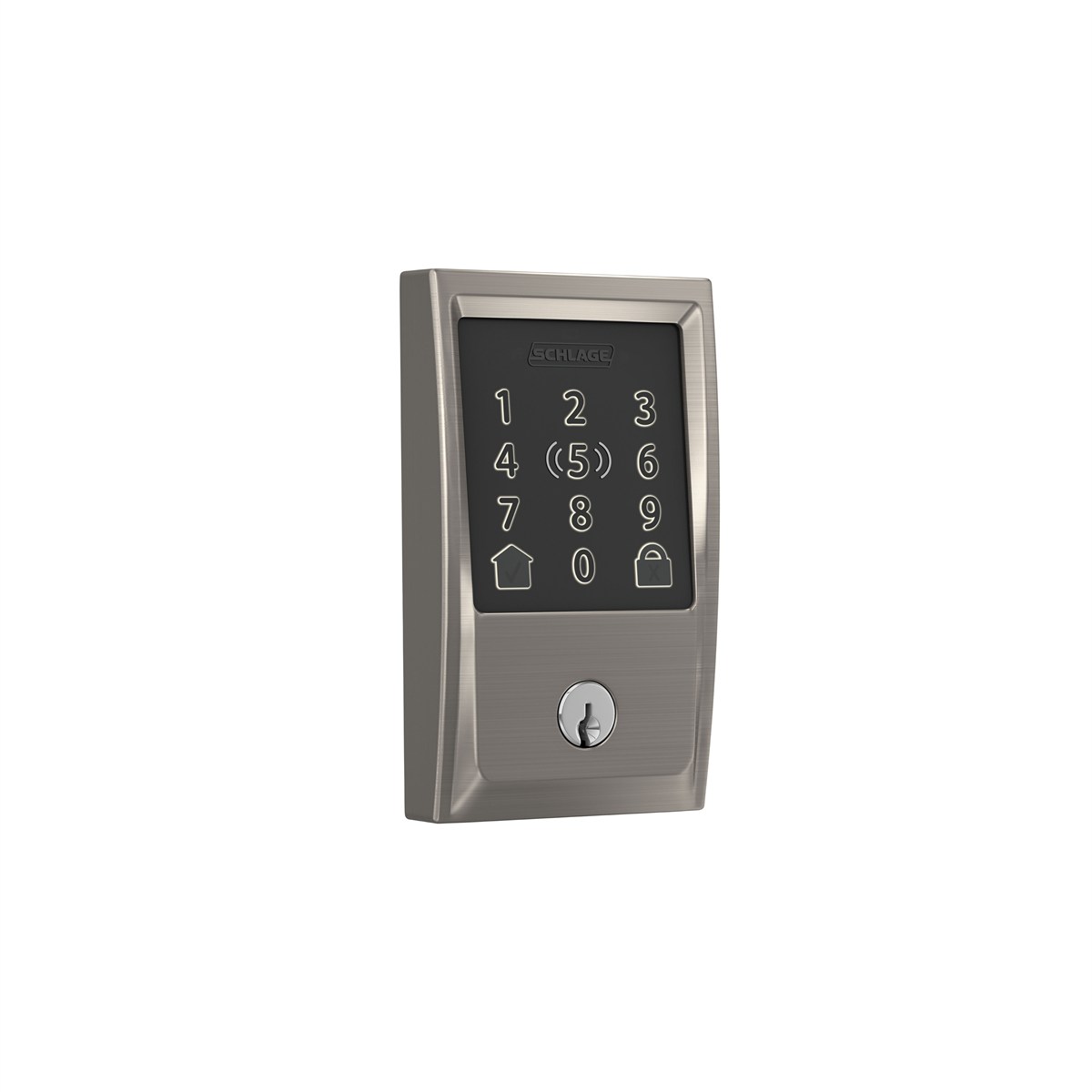 Schlage Encode Plus Smart WiFi Deadbolt with Century trim in Satin Nickel, the exterior touchscreen keypad with numbered buttons above the keyway, shown at a three-quarter angle on a white background