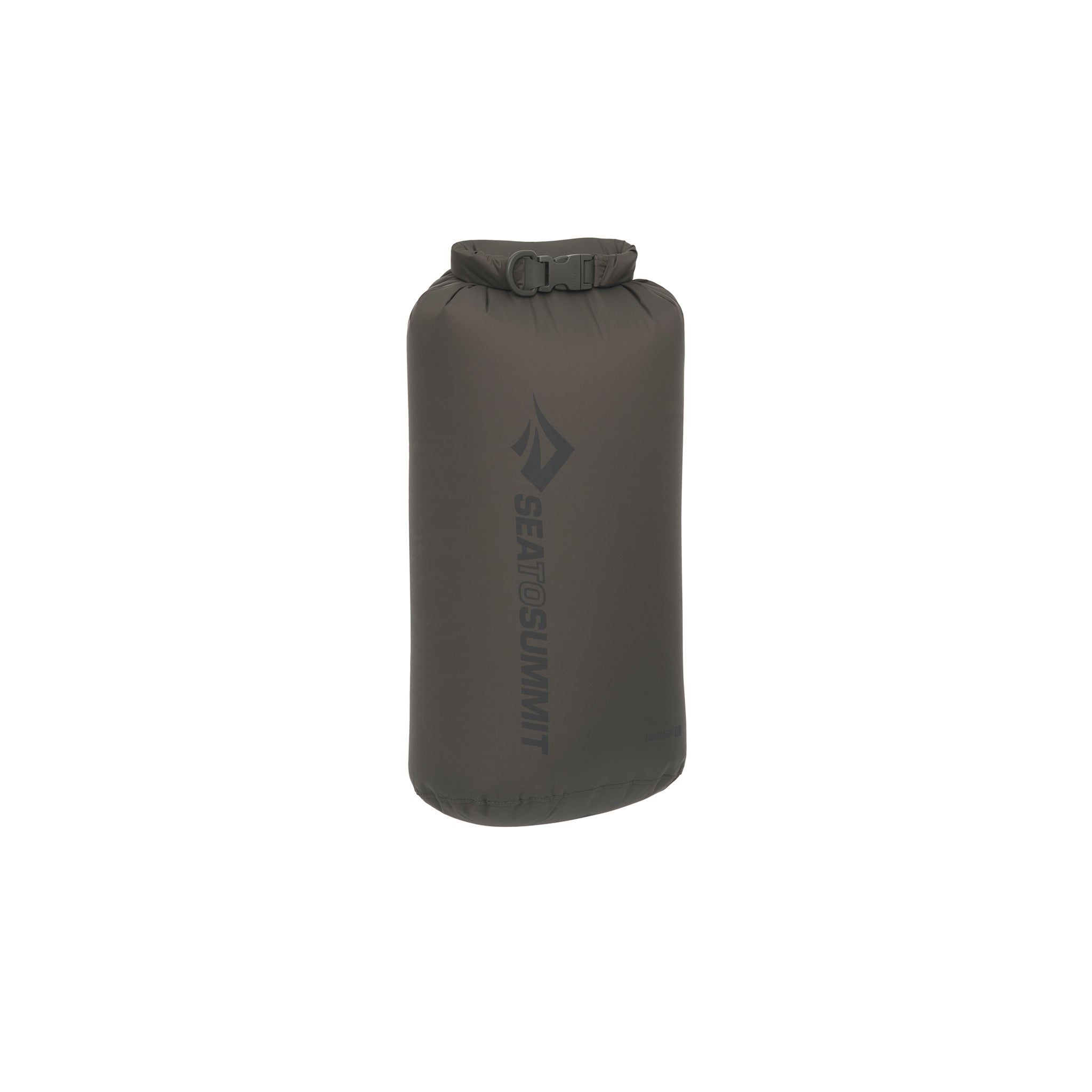 Grey Sea to Summit Lightweight Dry Bag, 8 liter, standing with the roll-top closed and buckled