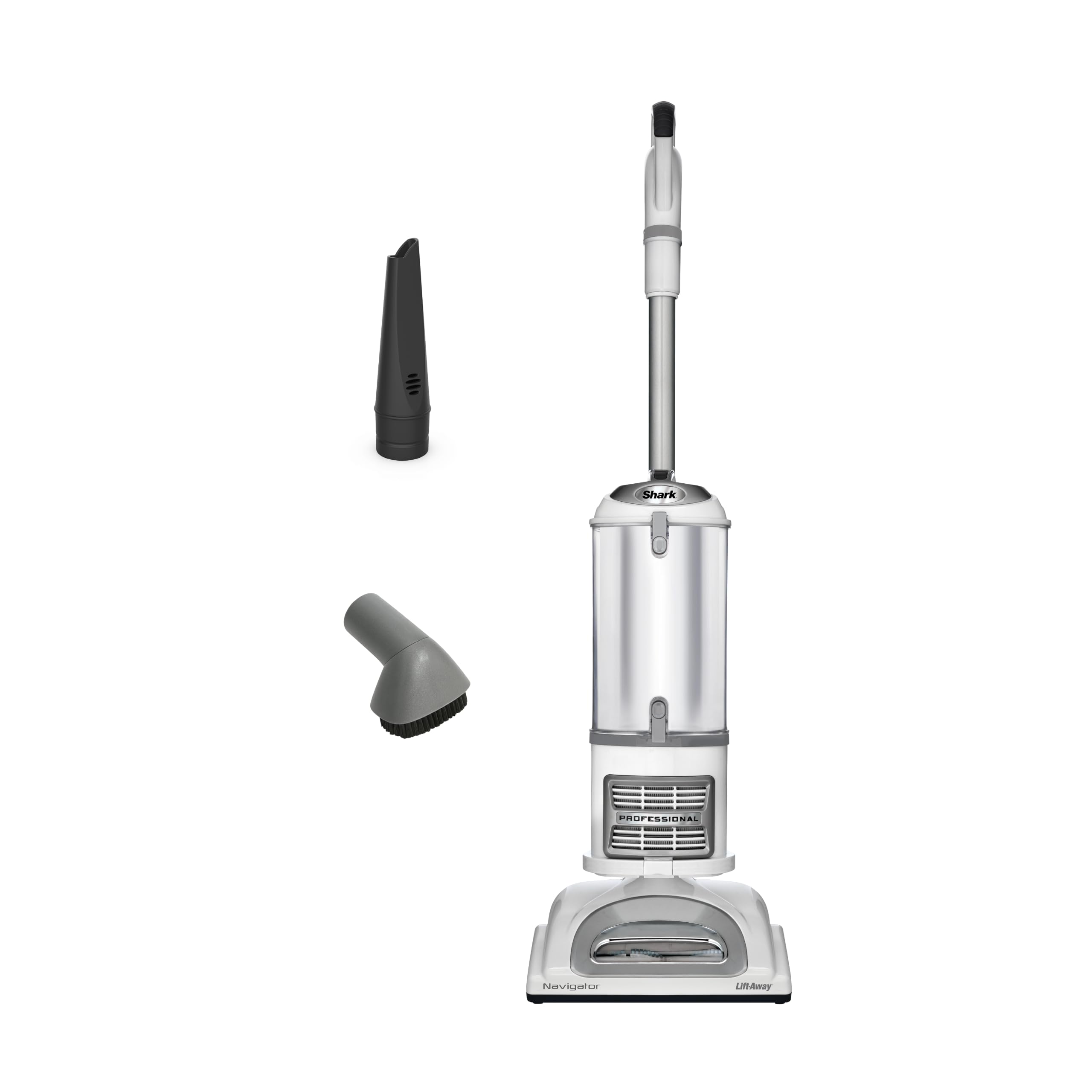 Shark Navigator Lift-Away Professional NV356E upright vacuum in White/Silver, seen from the front with the clear dust cup, PROFESSIONAL badge and Navigator and Lift-Away lettering on the nozzle, beside a black crevice tool and a gray dusting brush, on a white background