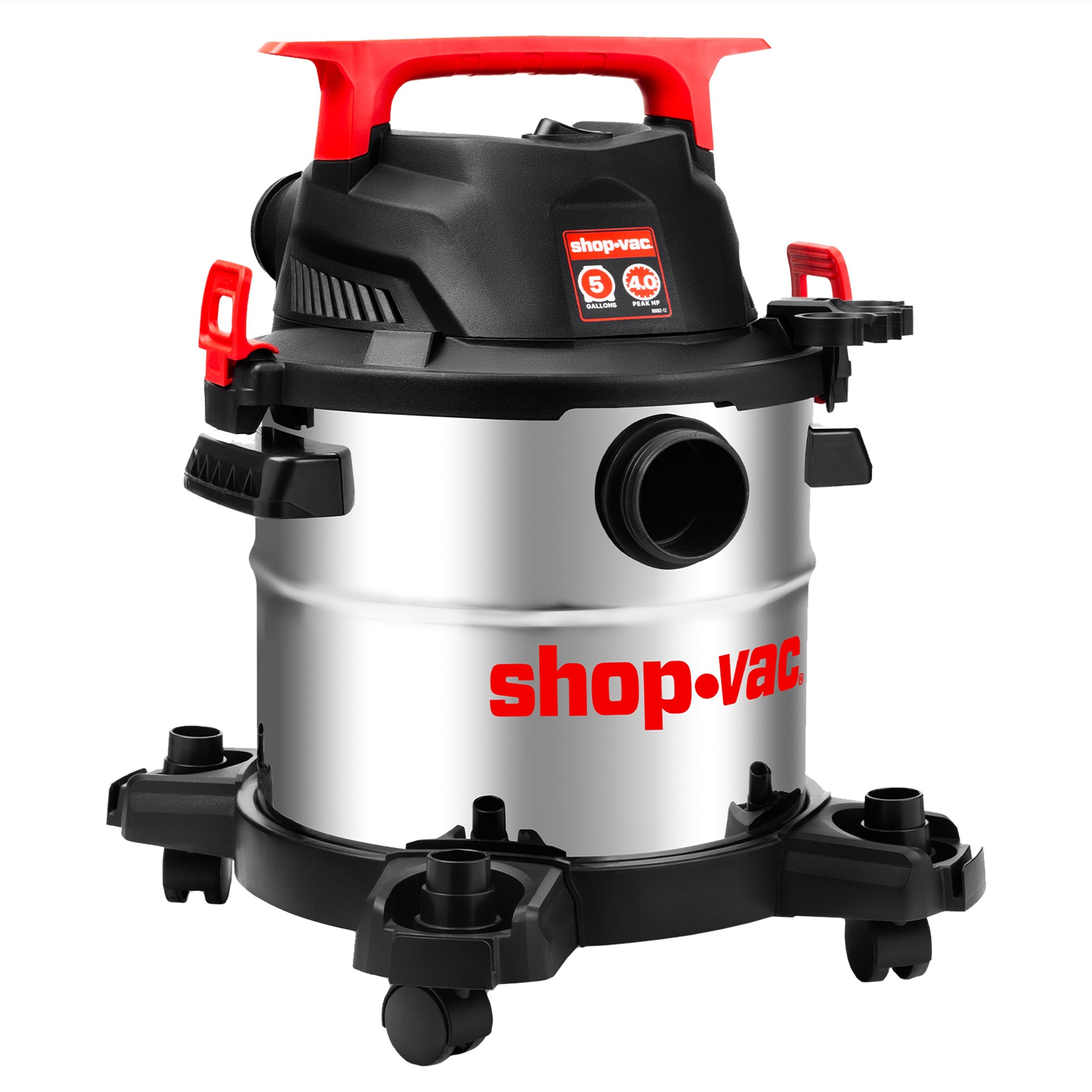 Shop-Vac 5-gallon wet/dry vac on a white background: stainless steel tank with the red shop-vac logo, a 5 GALLONS / 4.0 PEAK HP badge on the black lid, red carry handle, two red side latches, round vacuum port on the tank front, and a black caster base with onboard tool posts