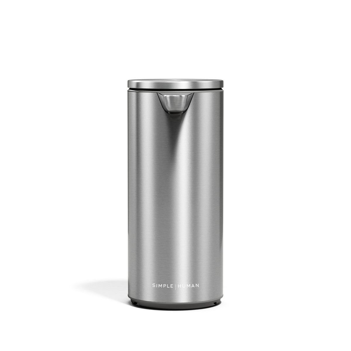 Brushed stainless steel simplehuman 9 oz. Liquid Sensor Pump, front view, with the spout at the top and the logo at the base