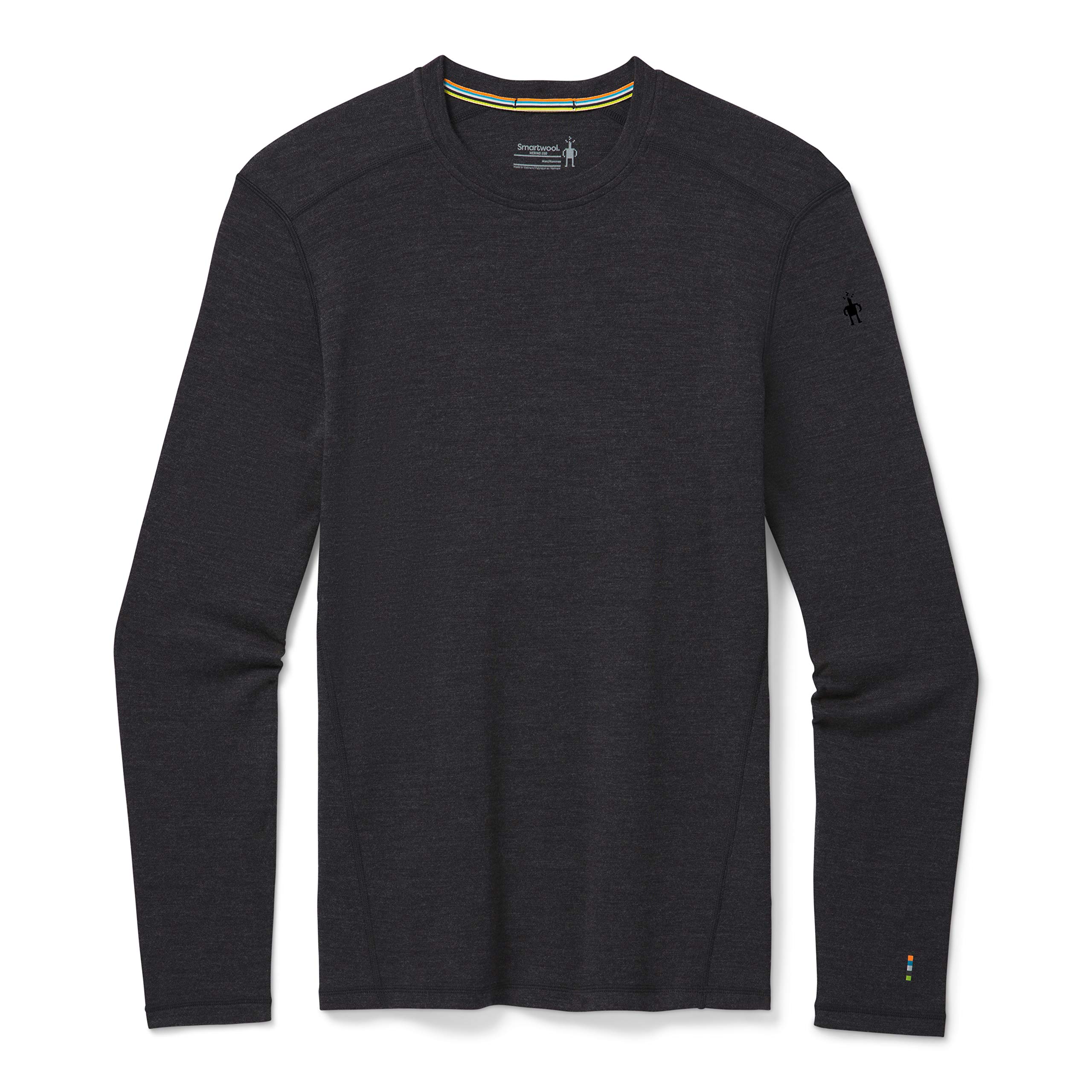 Smartwool's charcoal-heather Classic Thermal merino crew shown garment-only — crew neck with multicolor stripe taping inside the collar, the printed Smartwool label with the sheep logo at the back neck, a small sheep logo high on the left sleeve, and a stack of three small colored tabs at the left cuff, on a plain white background