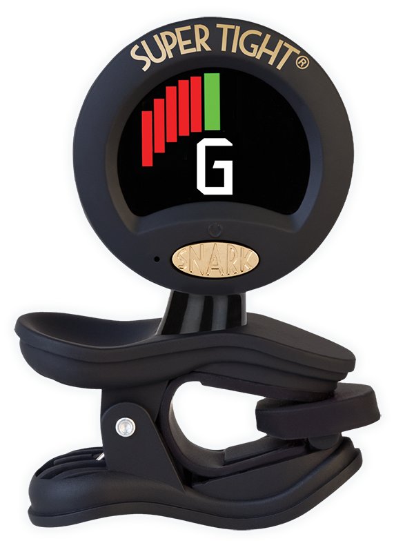 Black Snark ST-8 Super Tight clip-on tuner, front view, display showing a G note with red and green needle segments