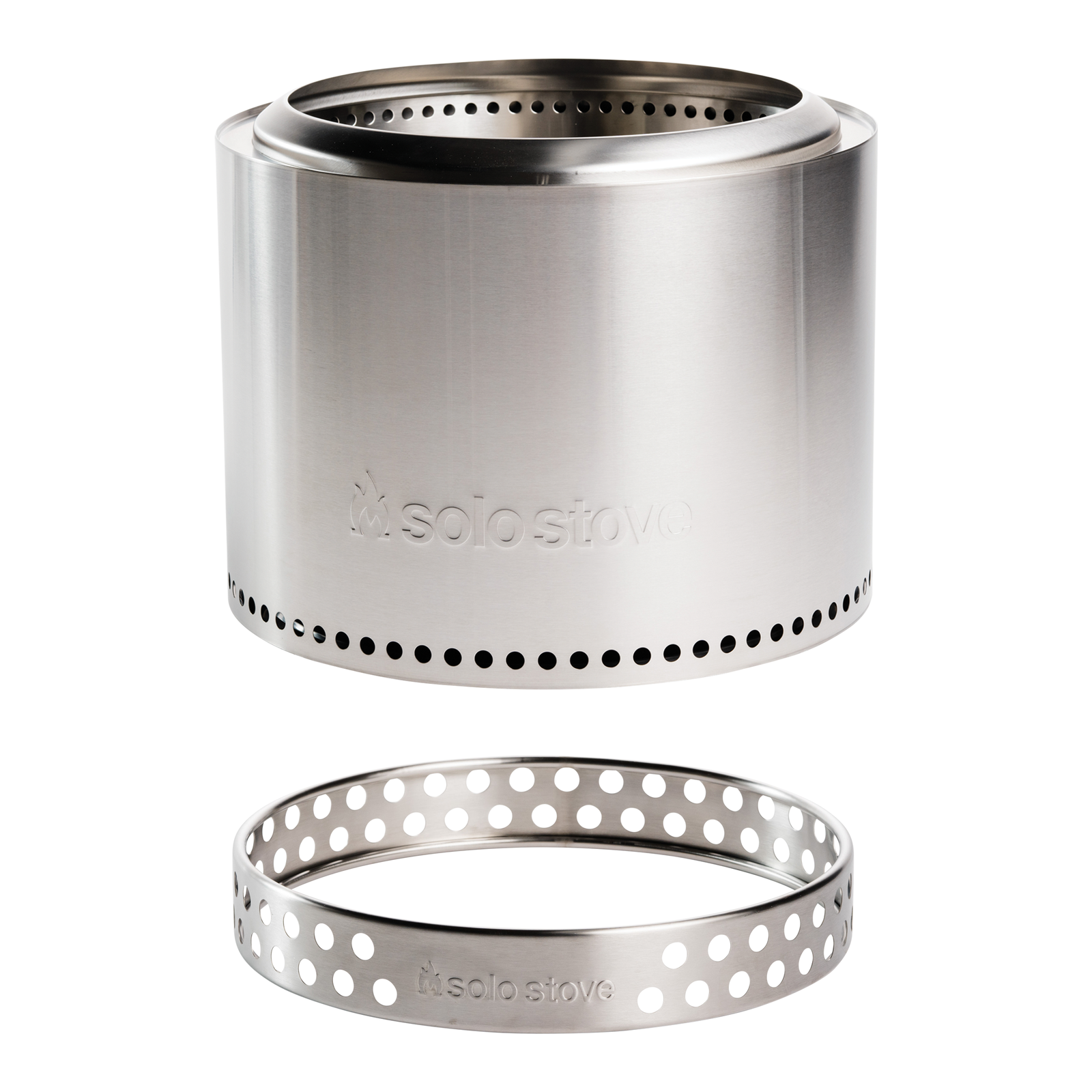 Brushed stainless steel Bonfire fire pit shown above its matching perforated Stand on a solid white field, both carrying an embossed flame mark and the words solo stove