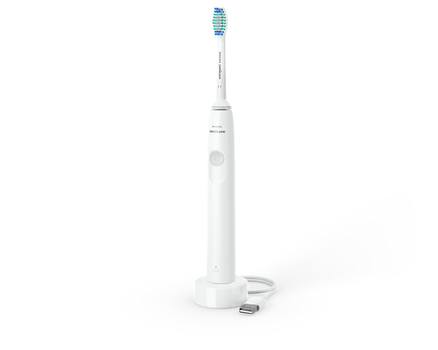 White and gray Philips Sonicare 1100 Series rechargeable toothbrush standing upright