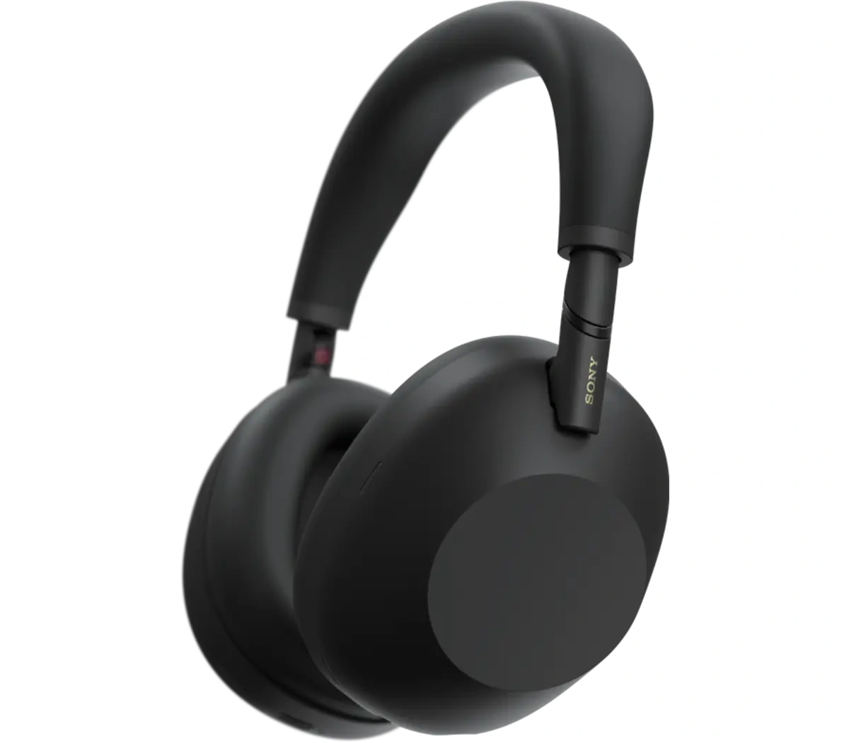 Black Sony WH-1000XM6 over-ear headphones in a three-quarter view, the outer shell of the near ear cup toward the viewer and SONY lettered in gold on the slider arm
