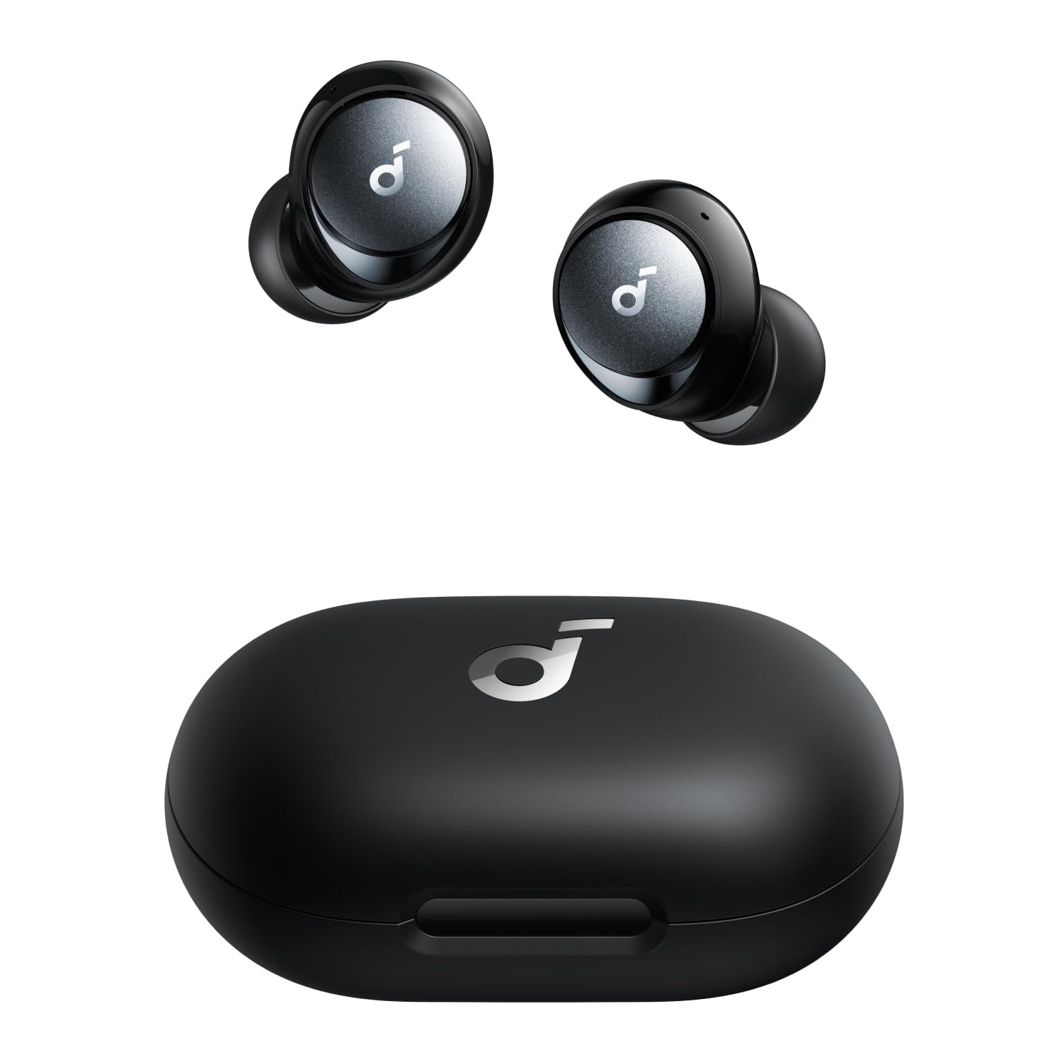 Two black Soundcore Space A40 earbuds with dark silicone ear tips and glossy logo faces above a rounded matte black charging case, on a white background