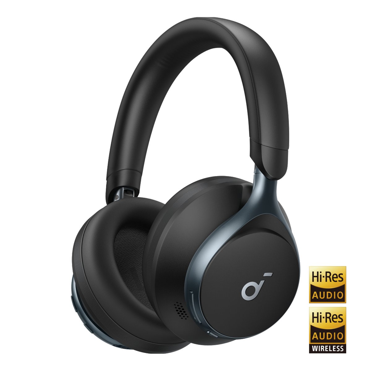 Jet Black soundcore Space One over-ear headphones, three-quarter view with the ear cup facing forward