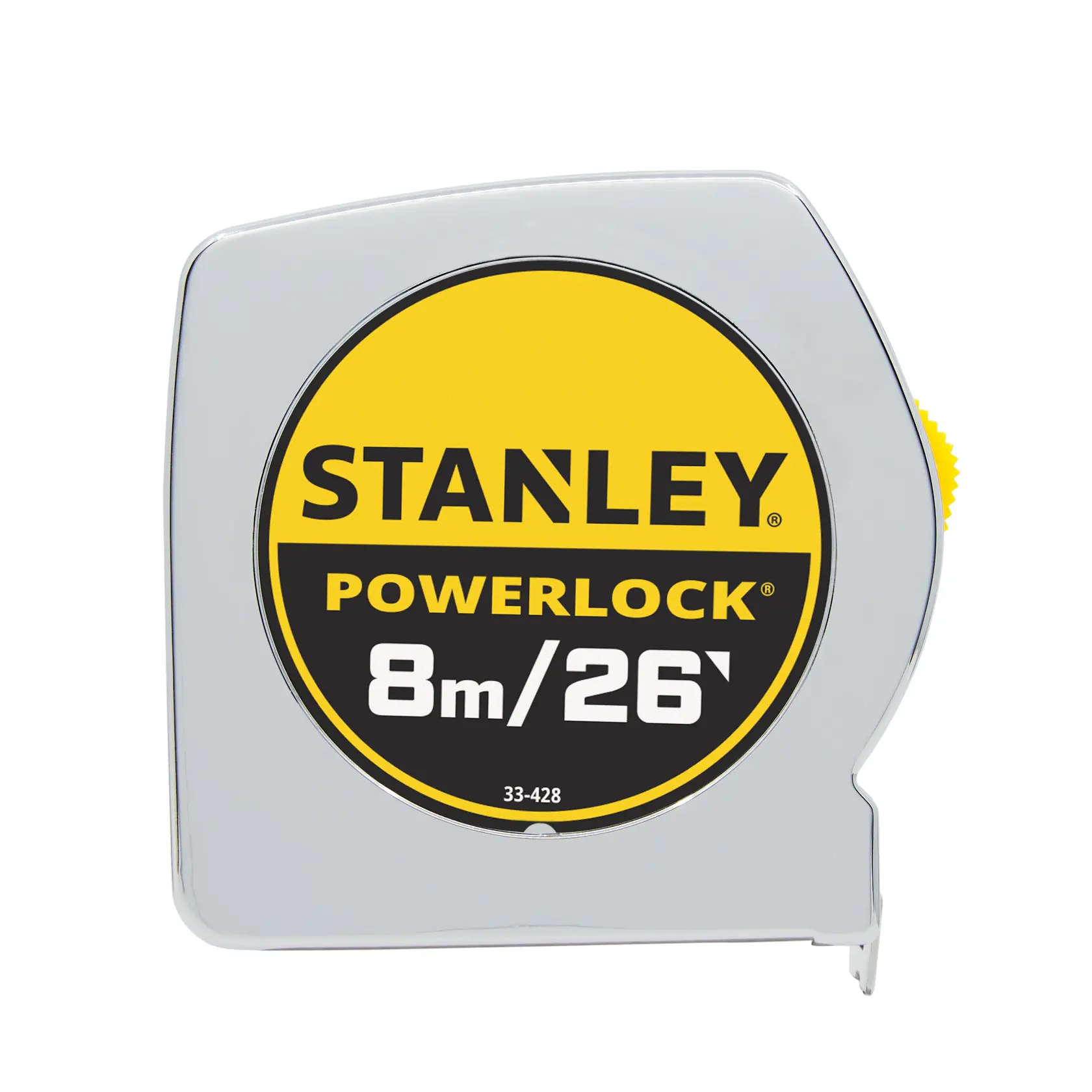 Stanley 33-428 PowerLock tape measure with a chrome case, yellow lock and 8m/26ft marking, front view on white