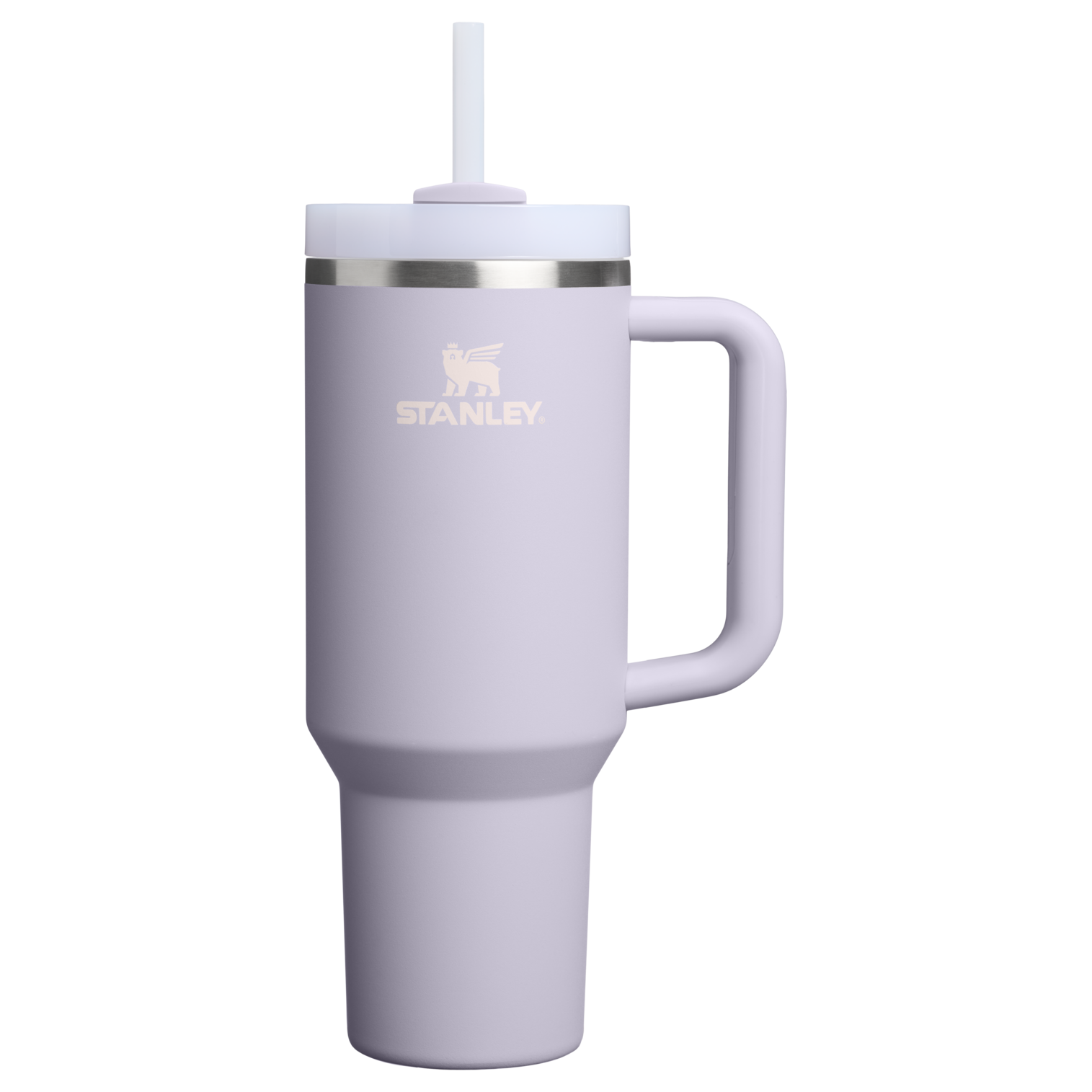 The Stanley Quencher H2.0 FlowState Tumbler 40 oz in Purple Dust, straw up and handle to the right