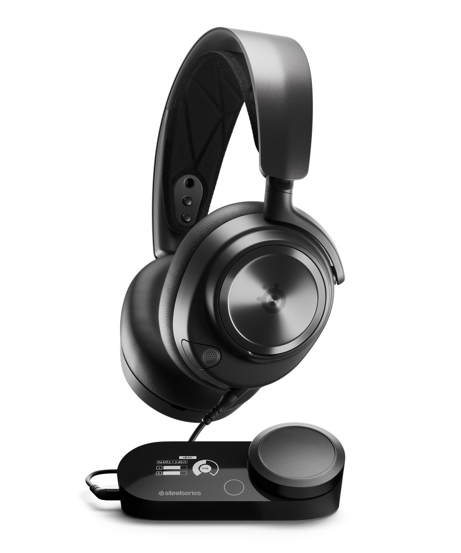 Black SteelSeries Arctis Nova Pro headset standing upright above the black GameDAC Gen 2, whose OLED screen reads XBOX and 96kHz / 24bit beside a large volume dial