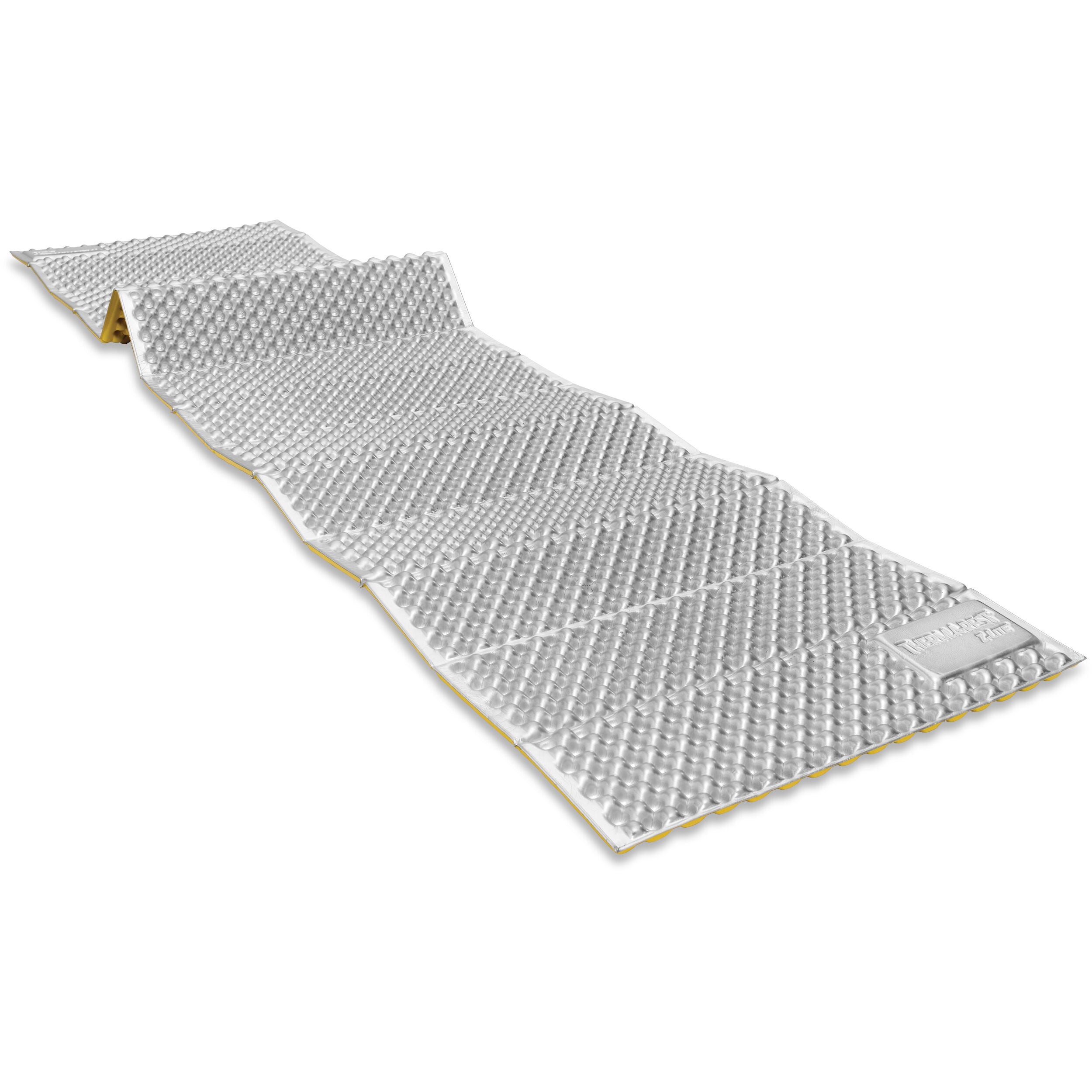 Therm-a-Rest Z Lite Sol in Limon/Silver, Regular size, laid out at an angle with the silver ThermaCapture side up, the far end still accordion-folded, the yellow underside showing along the edges, and an embossed Therm-a-Rest logo panel at the near corner, on a white background