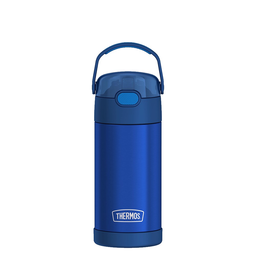 Navy Thermos FUNtainer 12 oz stainless steel kids water bottle with the push-button straw lid closed and the carry handle up