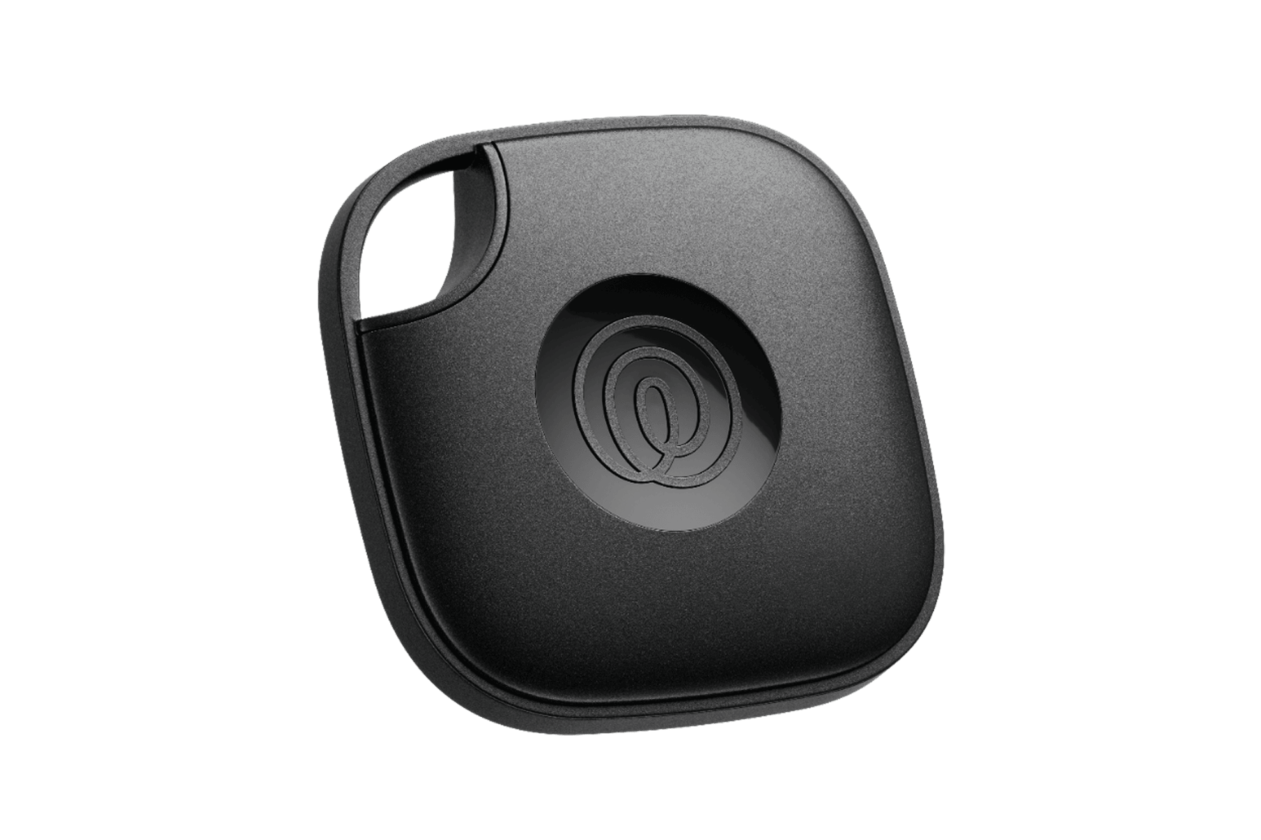 Black Tile Mate Bluetooth tracker with a keyring hole in one corner and the embossed Tile ring logo