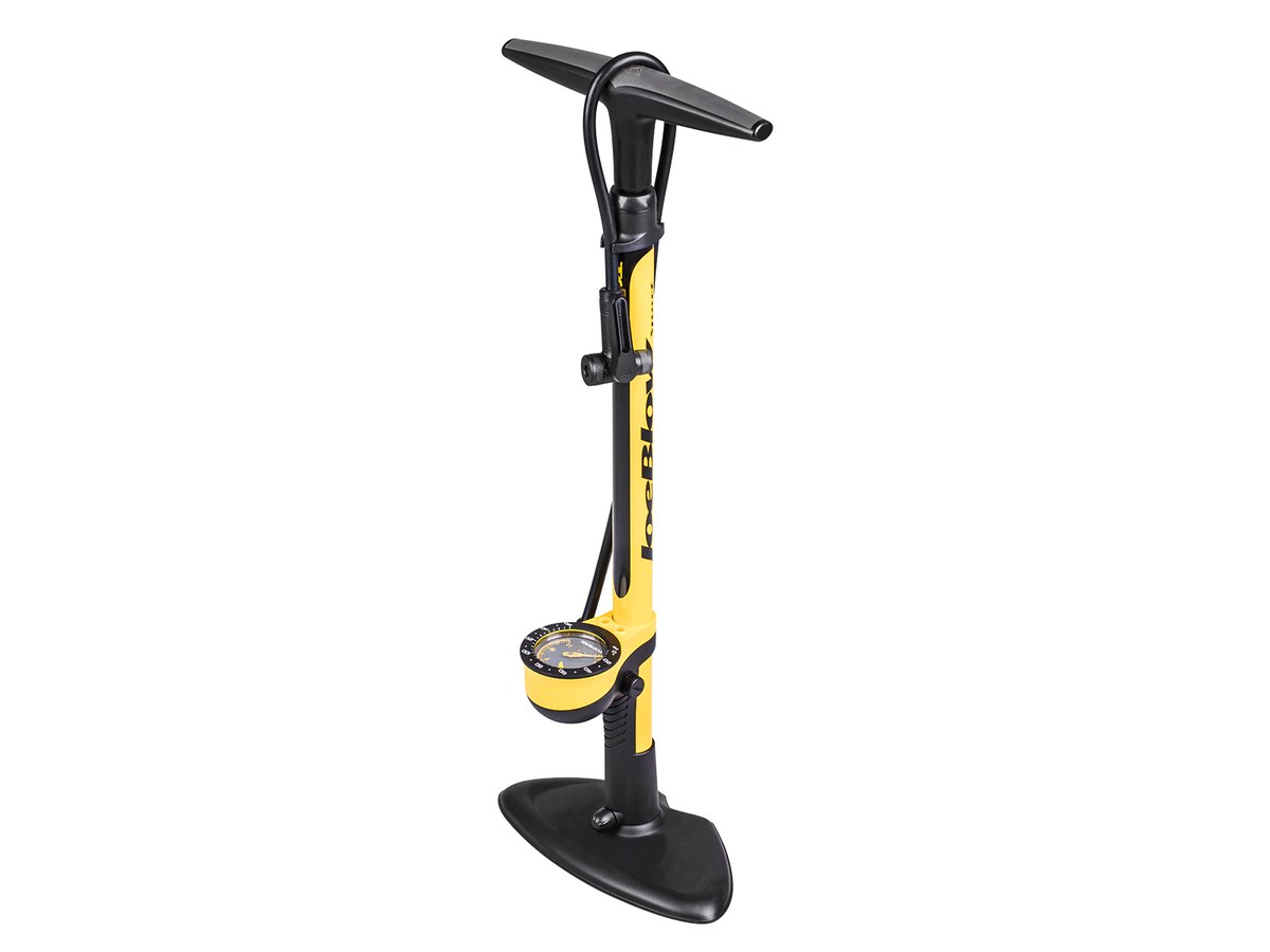 Topeak JoeBlow Sport III floor pump, yellow steel barrel, black base and 3-inch gauge at the foot