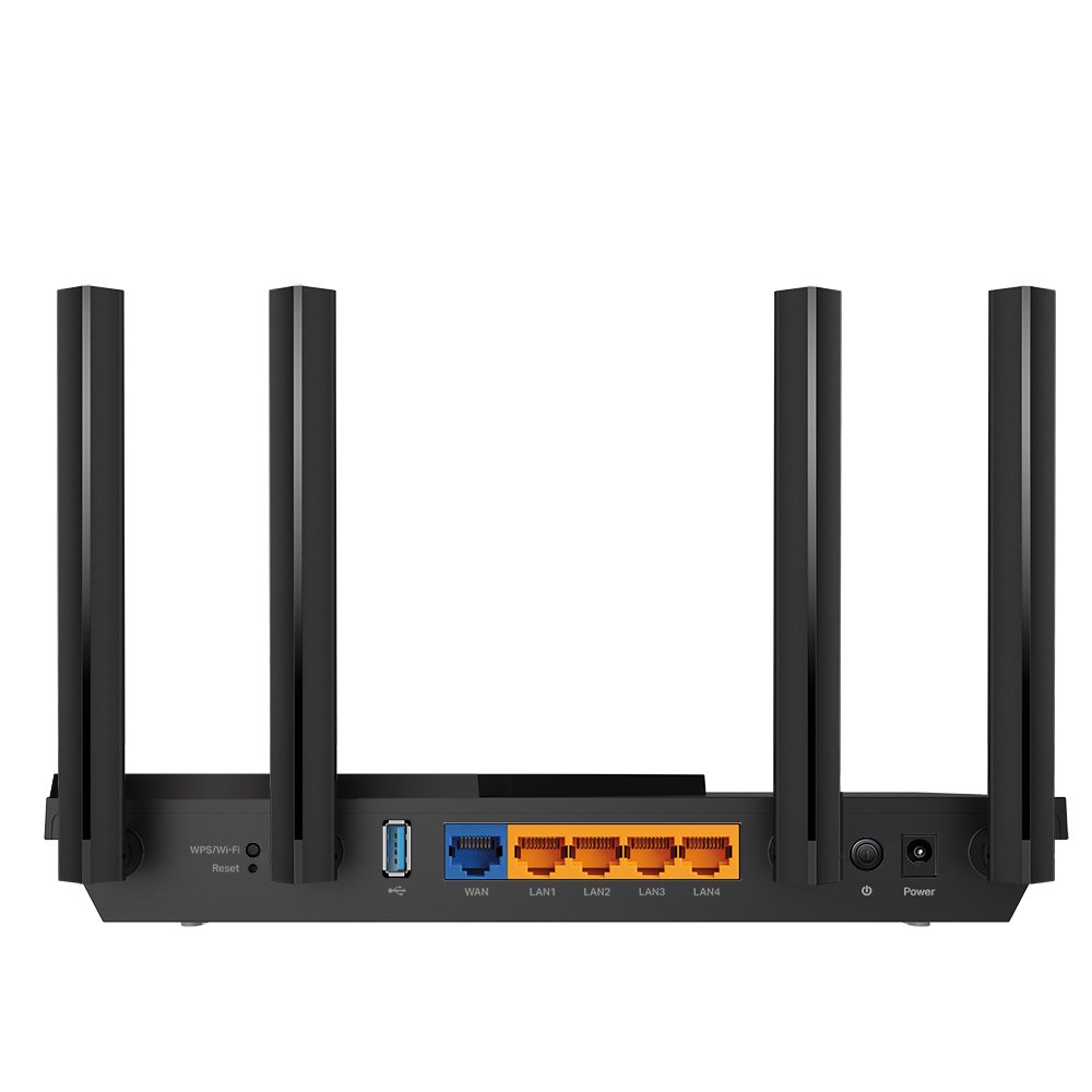 Black TP-Link Archer AX55 Wi-Fi 6 router with four external antennas