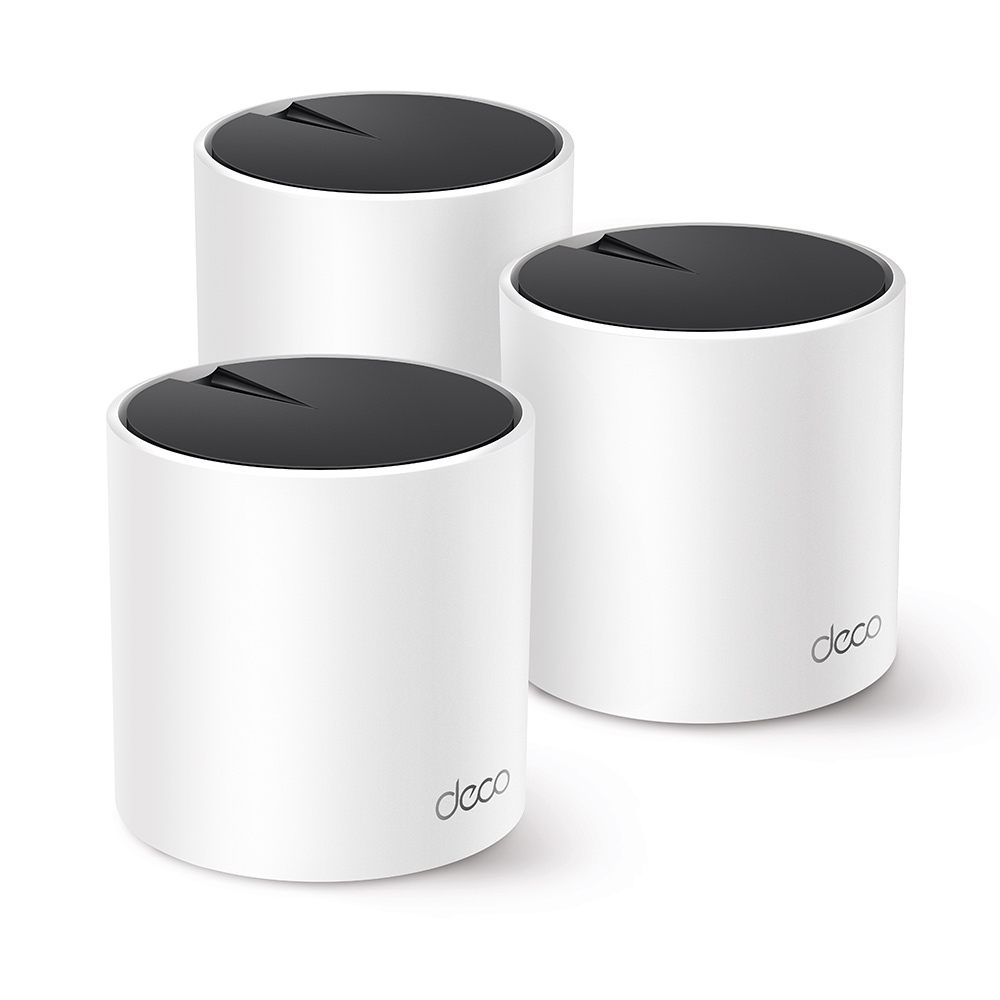 Three white cylindrical TP-Link Deco X55 mesh units with black tops and the deco logo