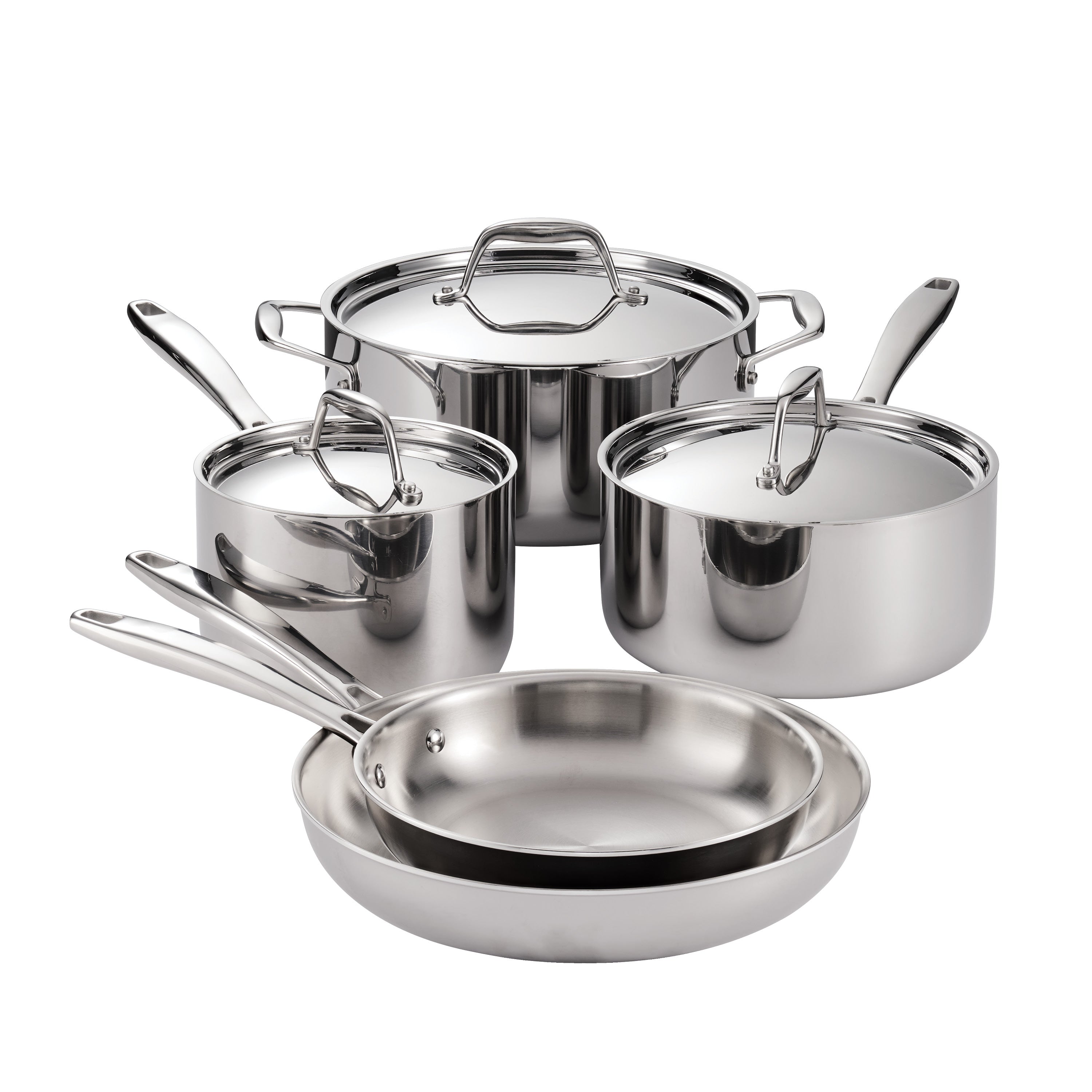 The Tramontina Signature Tri-Ply Clad 8-piece stainless steel set on white: two fry pans, two covered sauce pans and a covered Dutch oven
