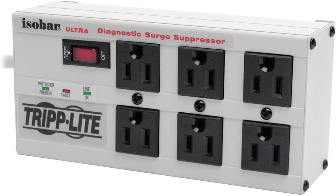 Tripp Lite's light-gray metal Isobar Ultra six-outlet surge suppressor with its red reset switch and the PROTECTION PRESENT, FAULT, and LINE OK indicator labels, on a plain white background