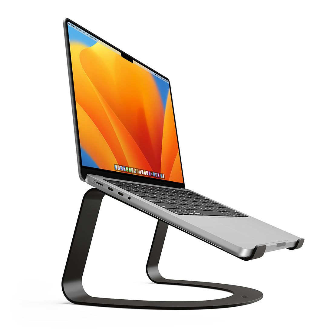Twelve South Curve laptop stand in Matte Black holding an open MacBook