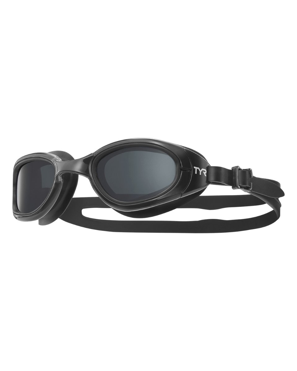 TYR Special Ops 2.0 Polarized goggles in Smoke/Black, front view, showing the smoke lenses and silicone gaskets