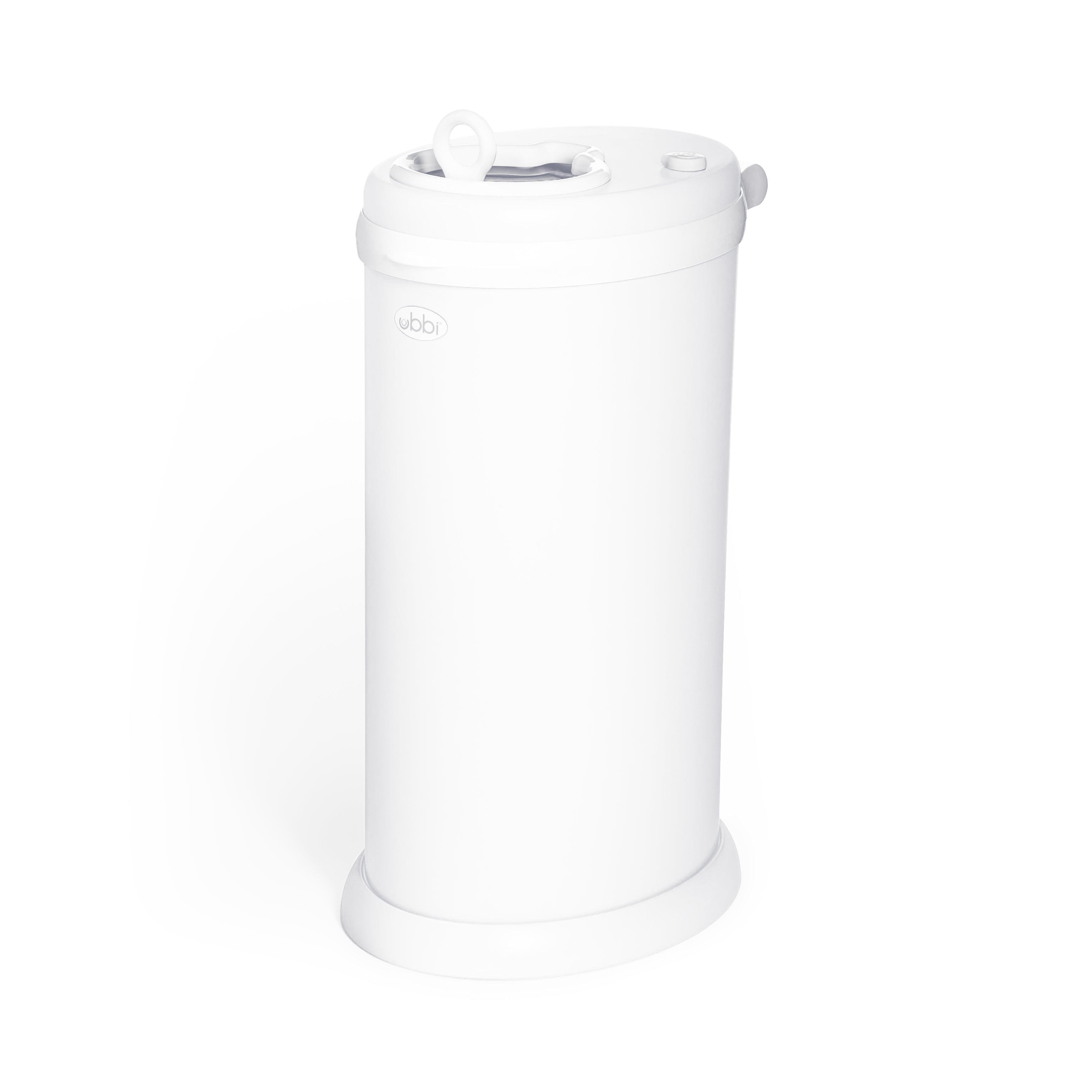 Ubbi's white steel diaper pail — a tubular body with the molded ubbi logo and the sliding-lid handle on top, on a plain white background