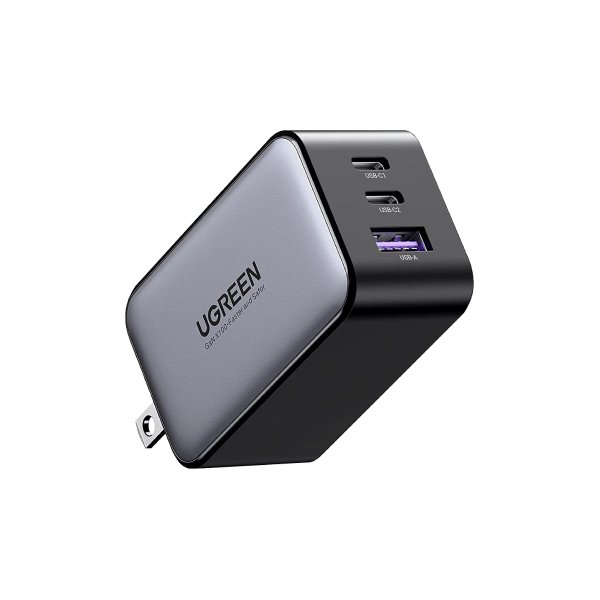 Gray and black UGREEN Nexode 65W charger with two Type-C sockets and one USB-A socket on the front face