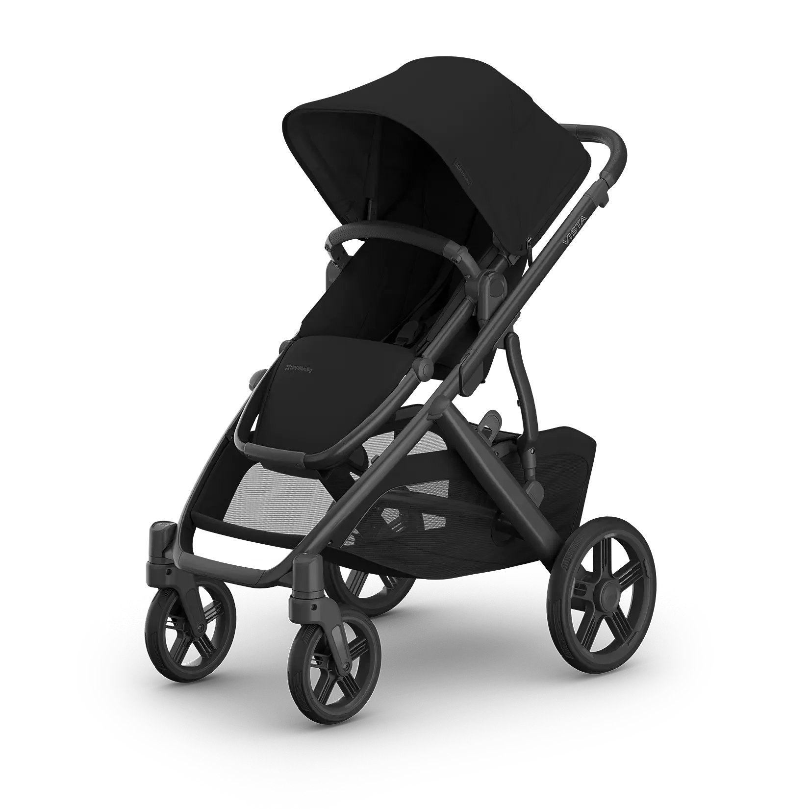 Black UPPAbaby Vista V3 stroller in the James fashion, three-quarter front view with the canopy up, UPPAbaby on the seat panel and VISTA printed on the frame, on a transparent background