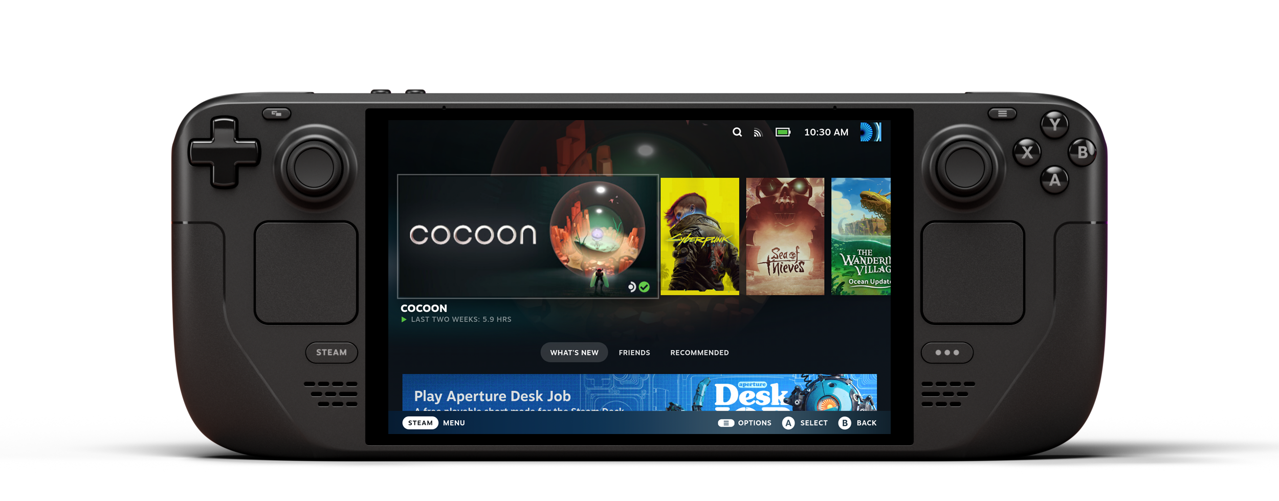 Valve Steam Deck OLED in black, front view on a light background: D-pad and thumbsticks, twin trackpads, ABXY cluster, and a screen showing the SteamOS home row