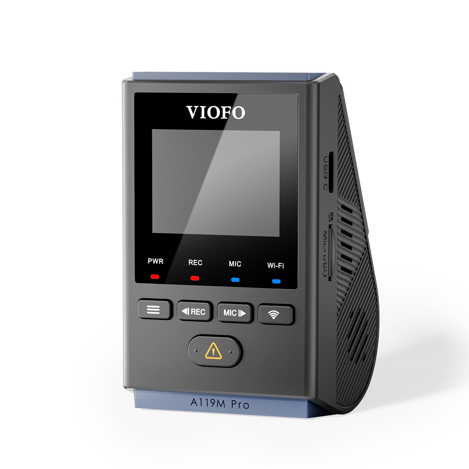 VIOFO A119M Pro dash camera in black, front view showing its screen, indicator lights and side ports