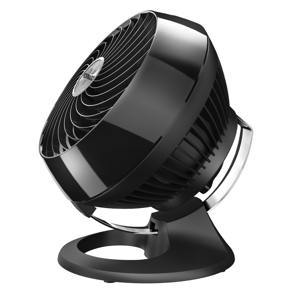 Black Vornado 460 small air circulator with a spiral front grille and chrome glide bar, front view on white