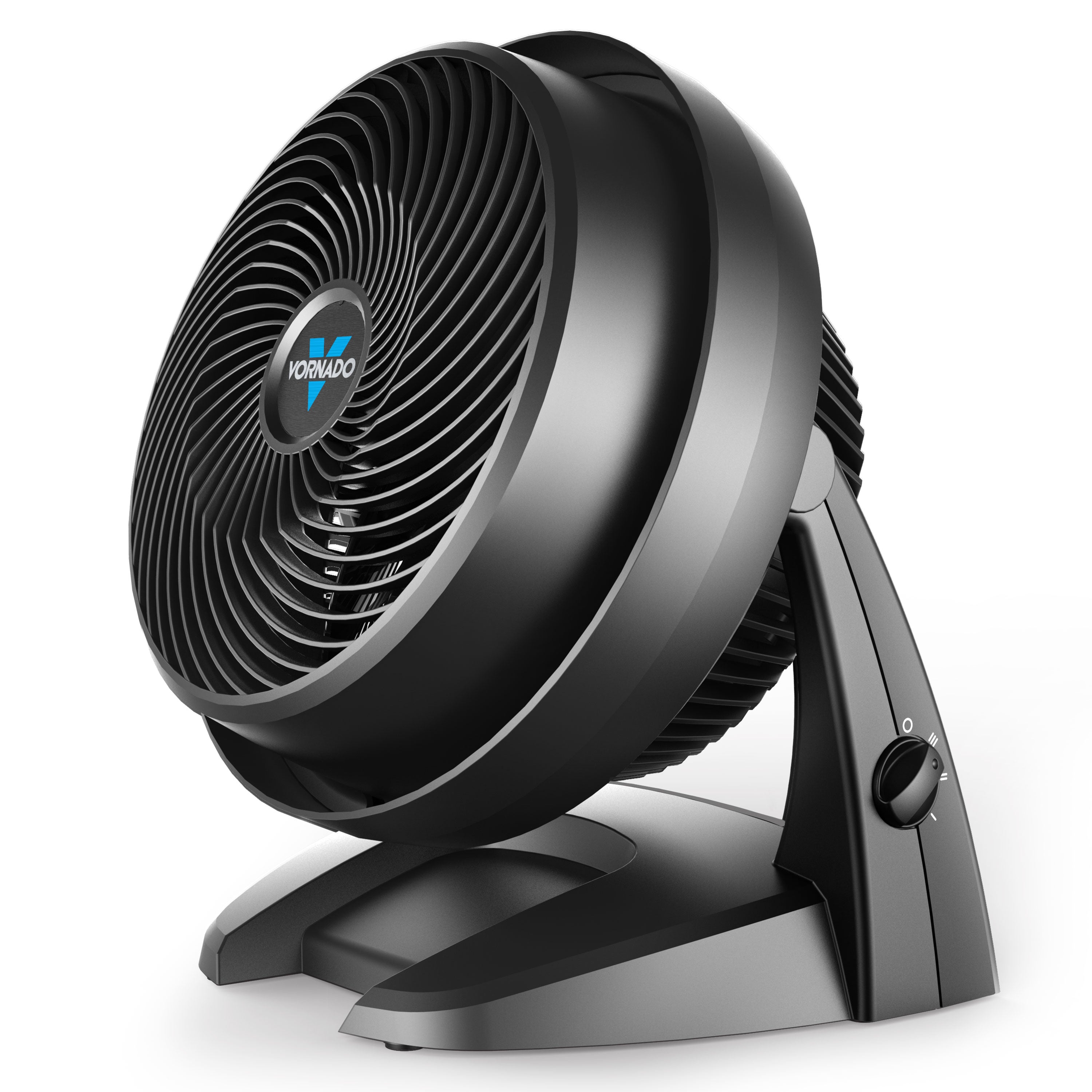 Black Vornado 630 air circulator with its three-speed dial