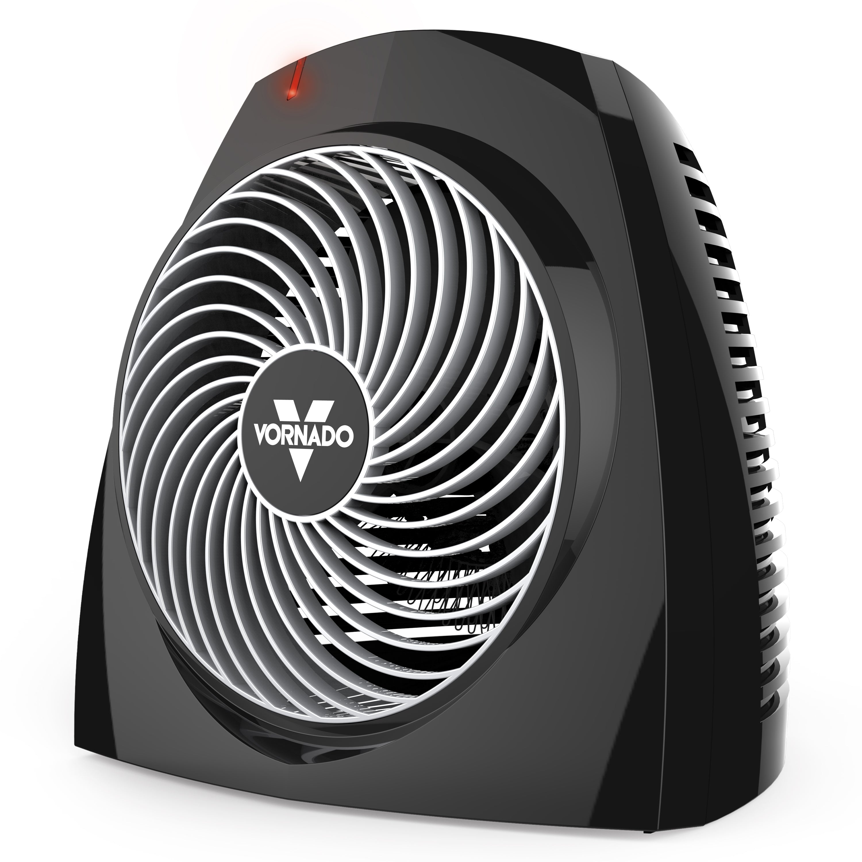 Black Vornado VH200 space heater, three-quarter front view on a white background: spiral front grille with a round Vornado logo cap, heating coils visible behind the grille, a red power indicator light on the top slope and slot air inlets along the right side