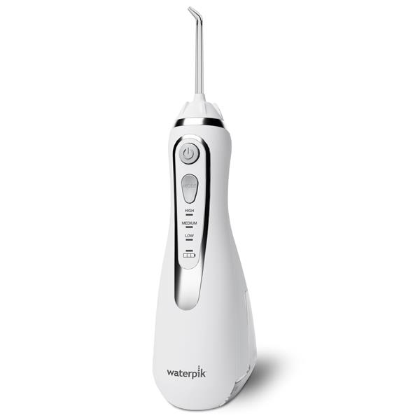 White Waterpik Cordless Advanced 2.0 water flosser WP-580 standing upright with a Classic jet tip fitted