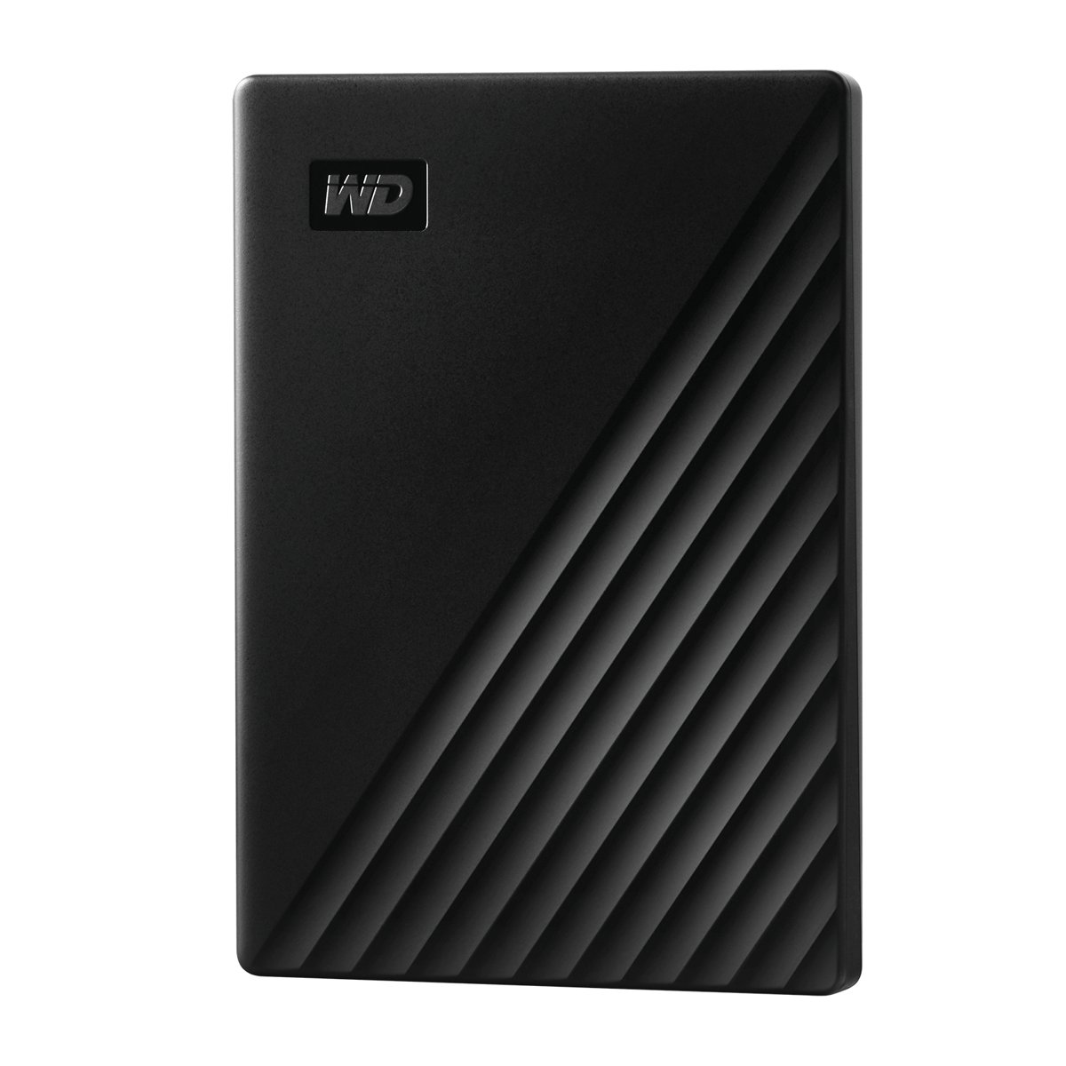 Black WD My Passport 2TB portable hard drive standing upright, showing the textured lower half of the enclosure