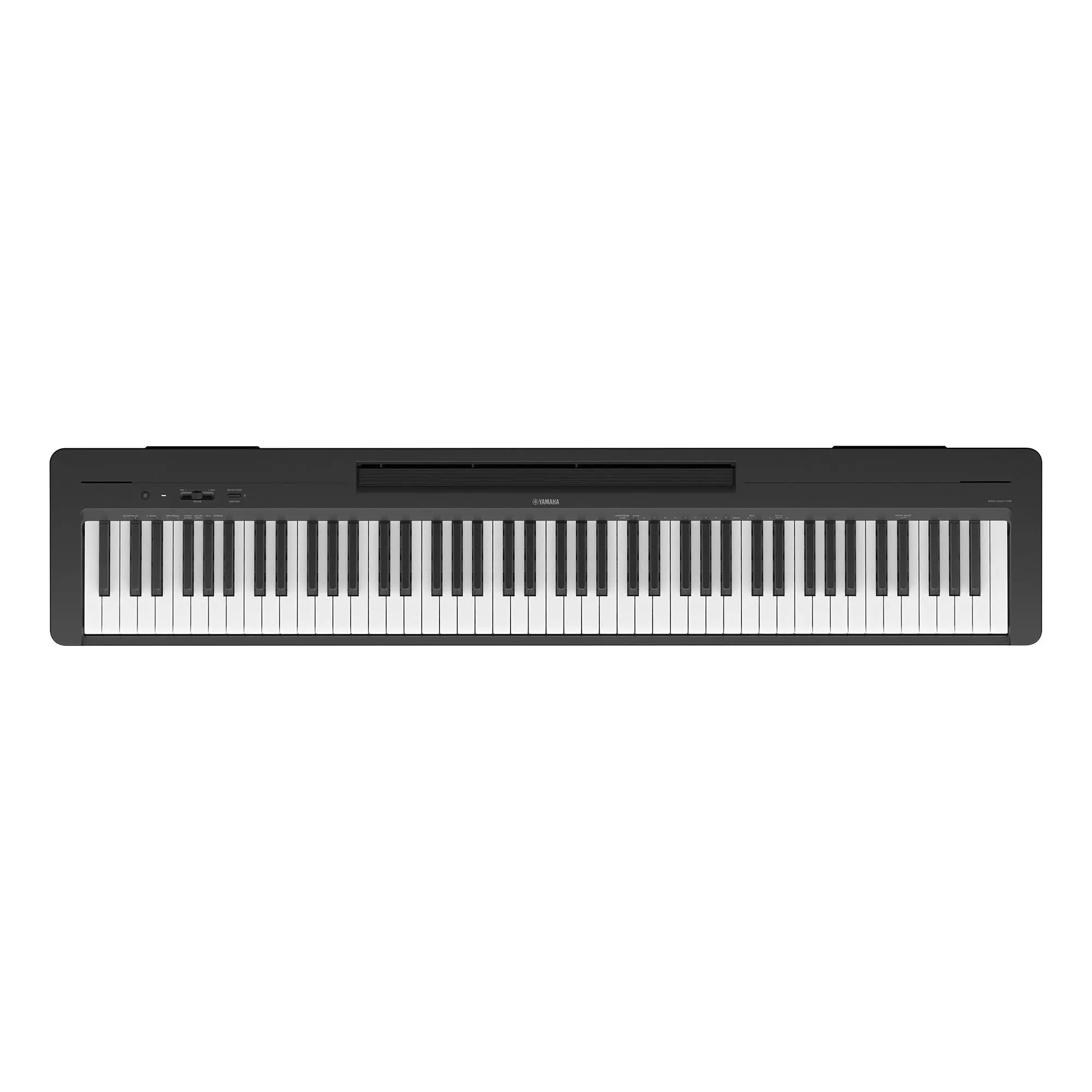 Black Yamaha P-145BT digital piano, seen from directly above on a plain white background: the full 88-key keyboard spans the frame, a long horizontal slot runs along the top center of the panel, the YAMAHA name is centered just above the keys, a round power button and a volume slider sit at the left end of the control strip, and two short raised panels break the top edge at the left and right