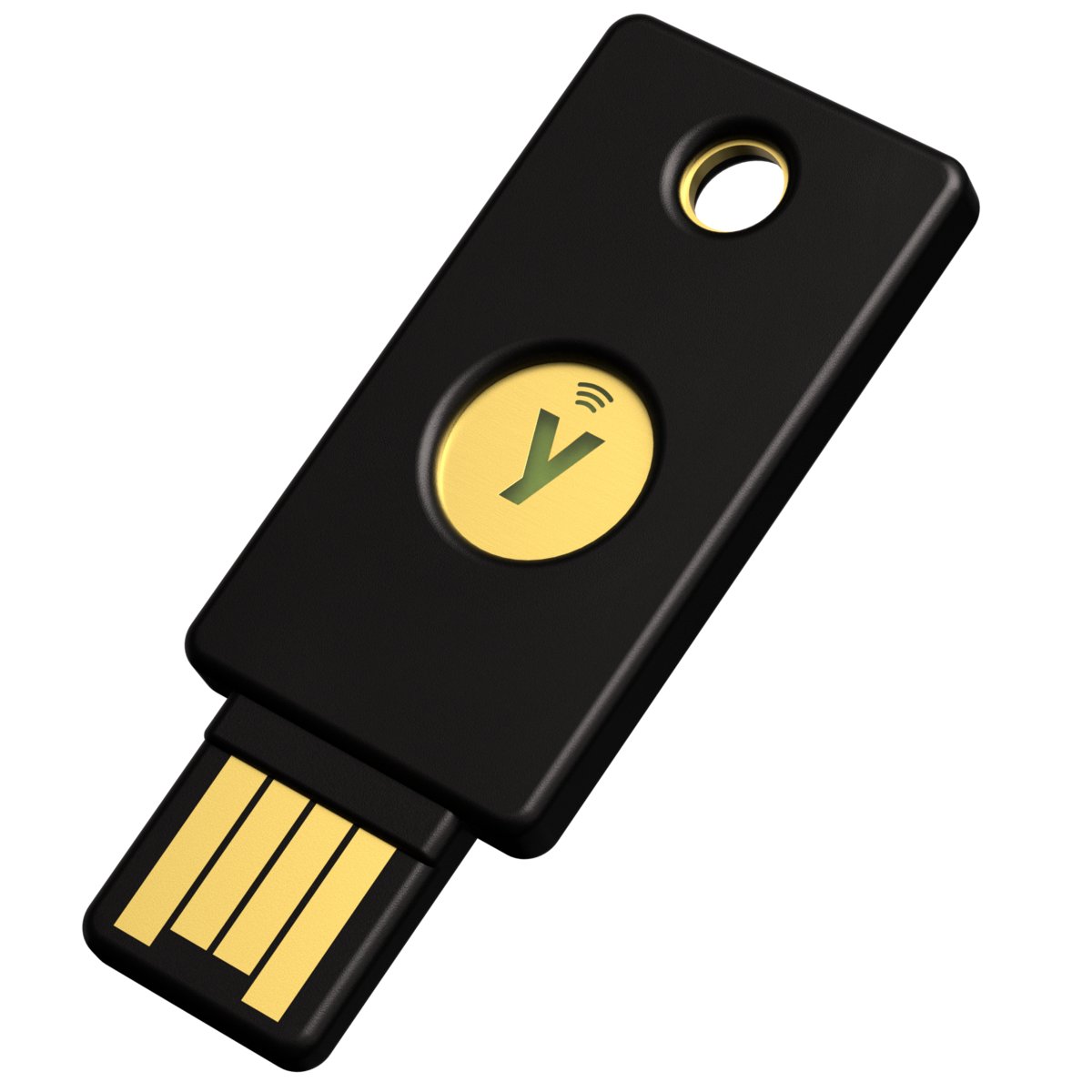 Black Yubico YubiKey 5 NFC security key with USB-A plug and gold touch contact