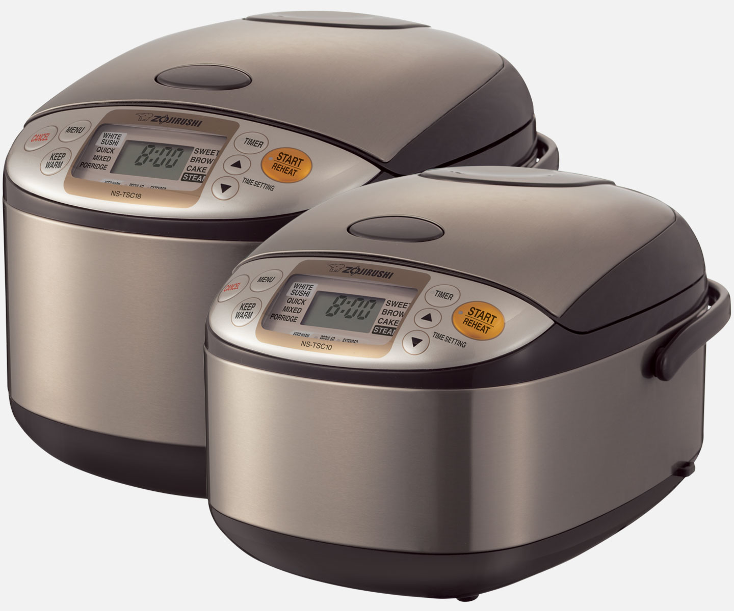 Zojirushi NS-TSC10 Micom rice cooker in stainless brown, LCD panel and menu buttons on the lid, with the larger NS-TSC18 behind it