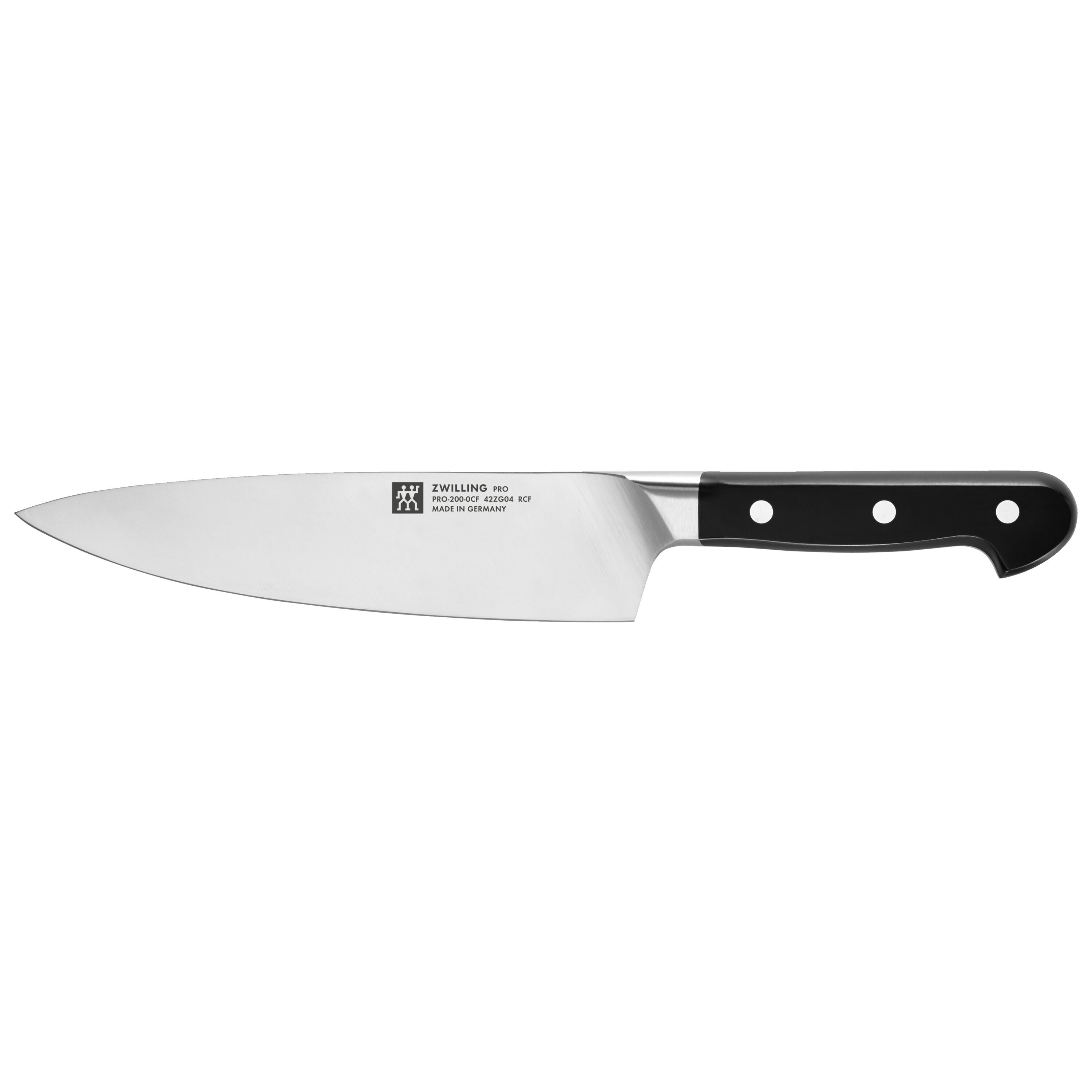 ZWILLING Pro 8-inch traditional chef's knife in profile, its stainless blade marked with the twin-figure logo, ZWILLING PRO and MADE IN GERMANY, a curved bolster and a black triple-riveted handle, on a white background