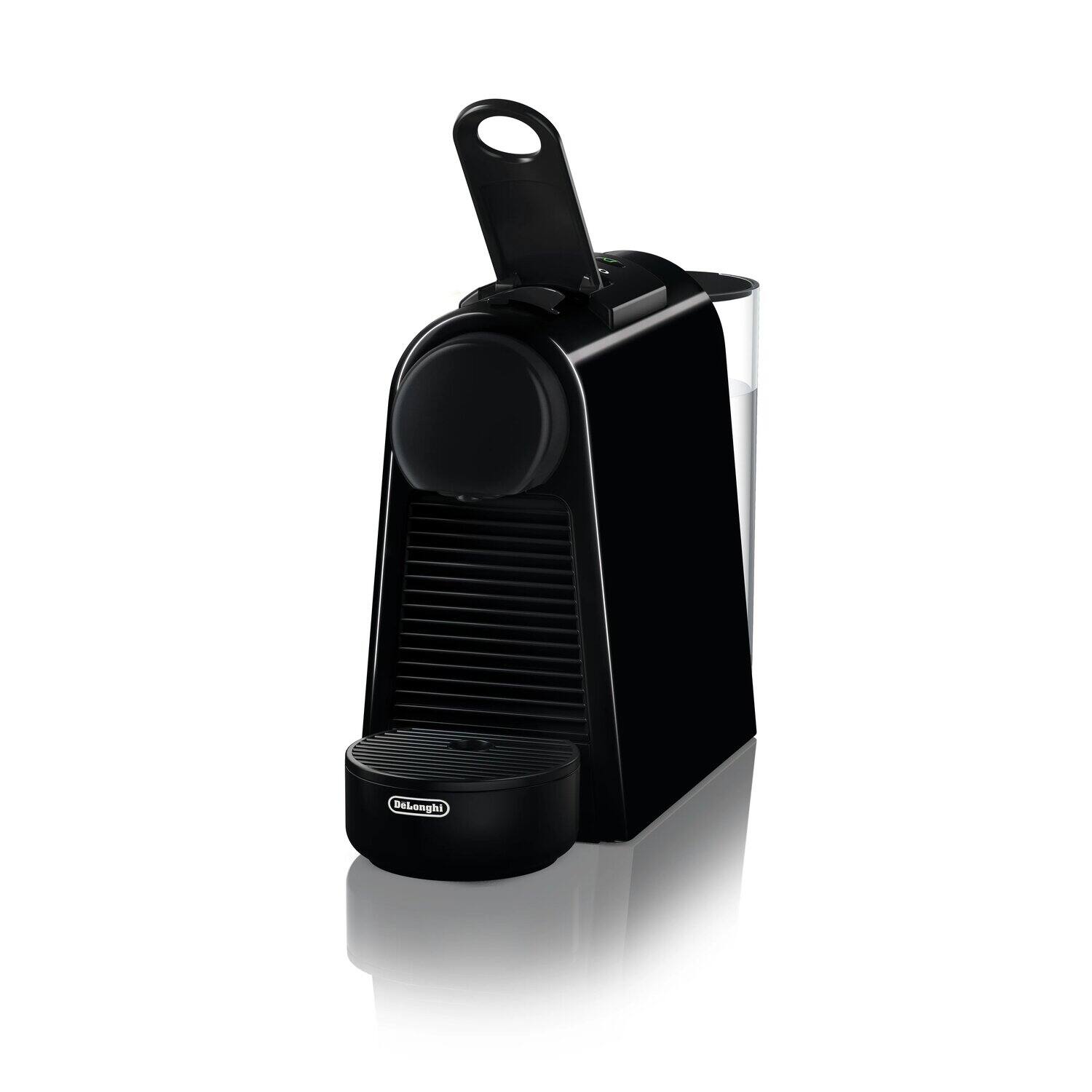 Nespresso Essenza Mini by De'Longhi in glossy black, three-quarter view with the capsule lever raised, ribbed front, drip tray with De'Longhi badge and clear water tank behind, on a white background
