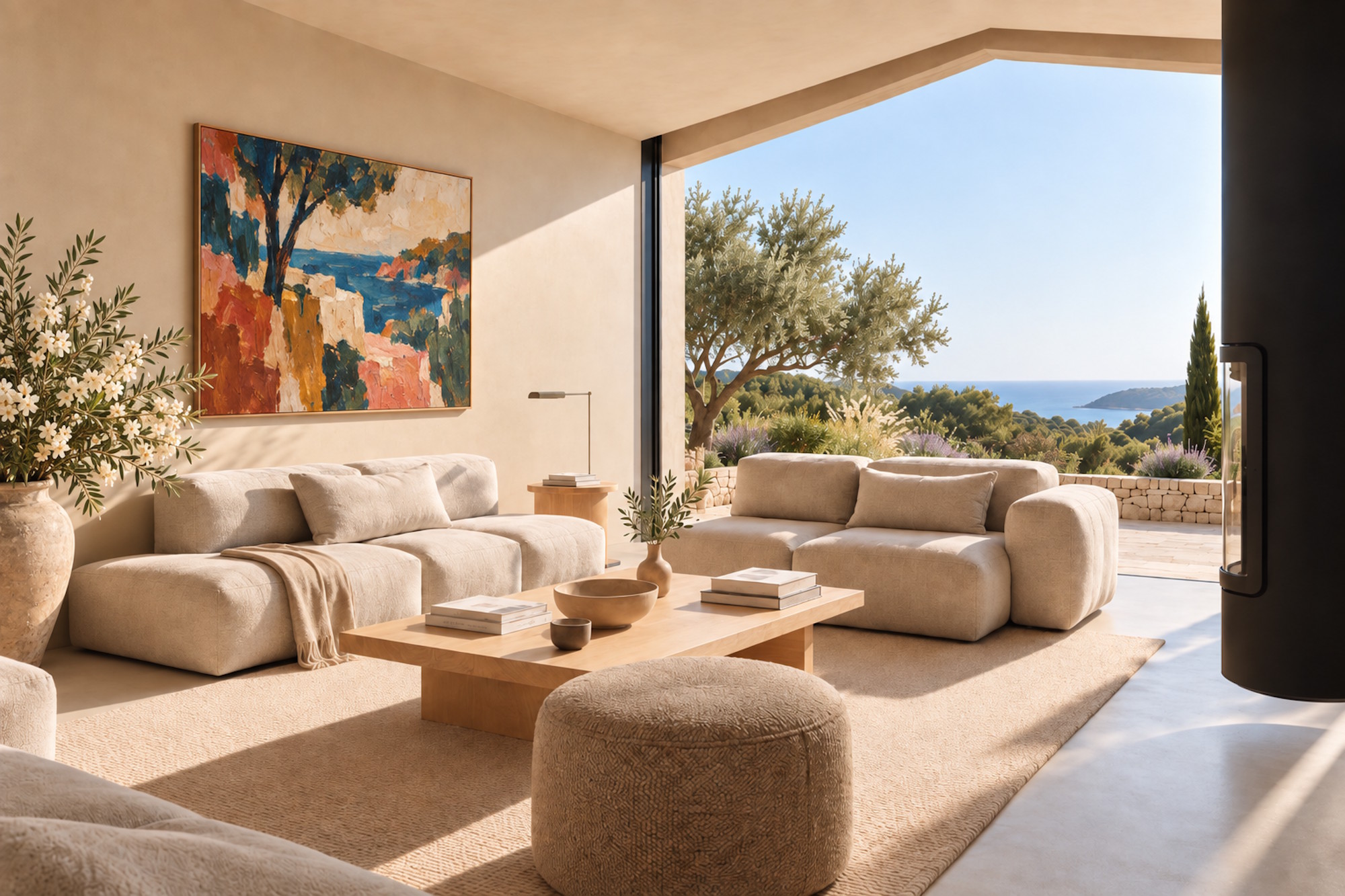 A light-filled living room with natural textures, comfortable seating, and an open view