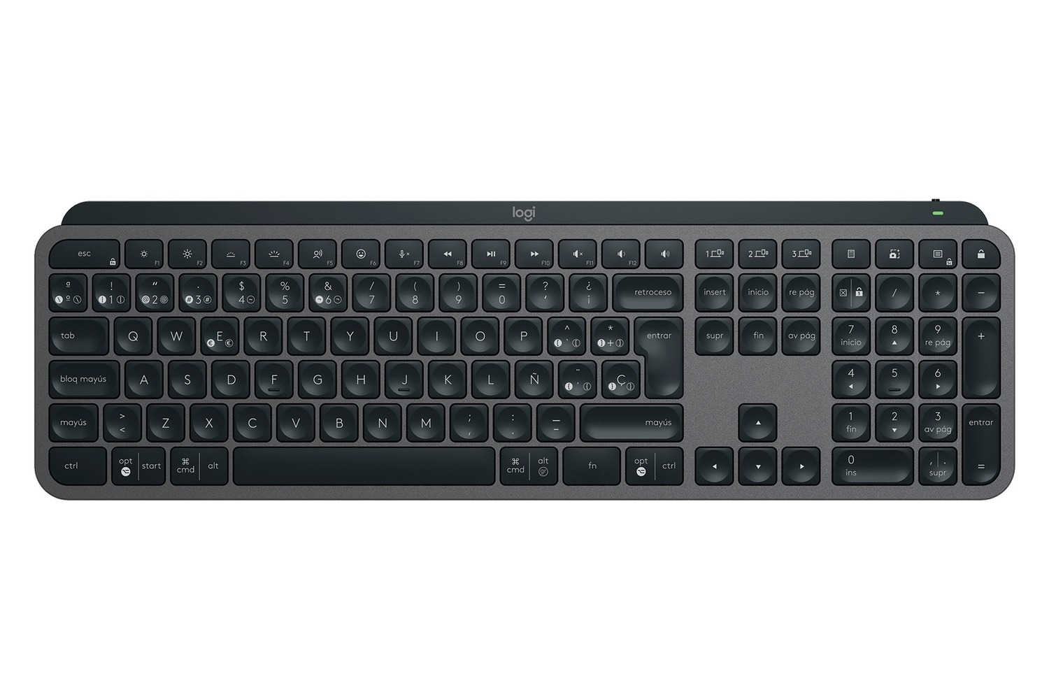Teclado Logitech MX Keys S graphite de perfil bajo visto desde arriba, con distribución española, tecla Ñ y teclado numérico